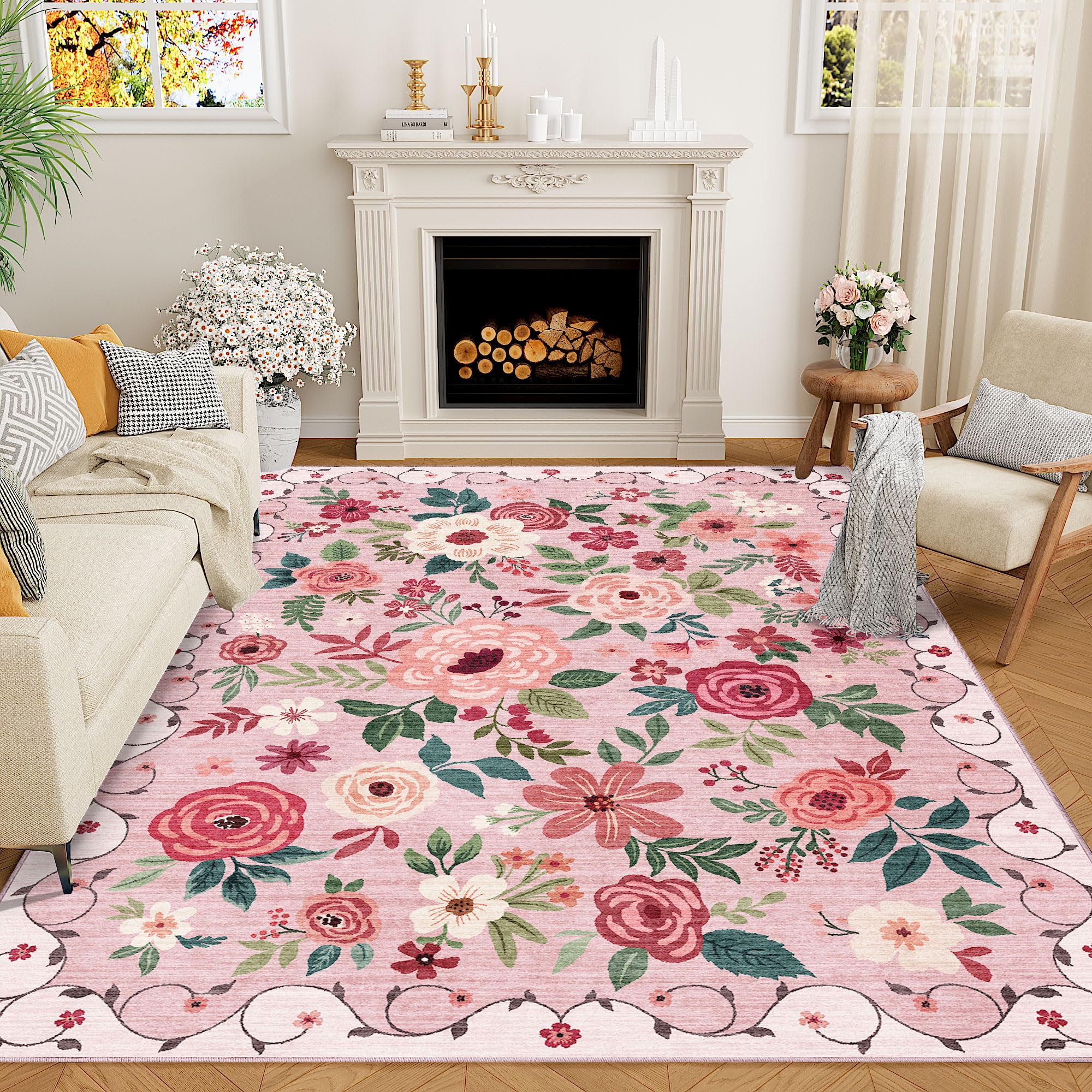 DUKINO 5x7 Area Rug, Nursery Floral Rugs for Living Room, Lightweight Non Slip Washable Rug, Indoor Low Pile & Non-Shedding Boho Design Rugs for Girls