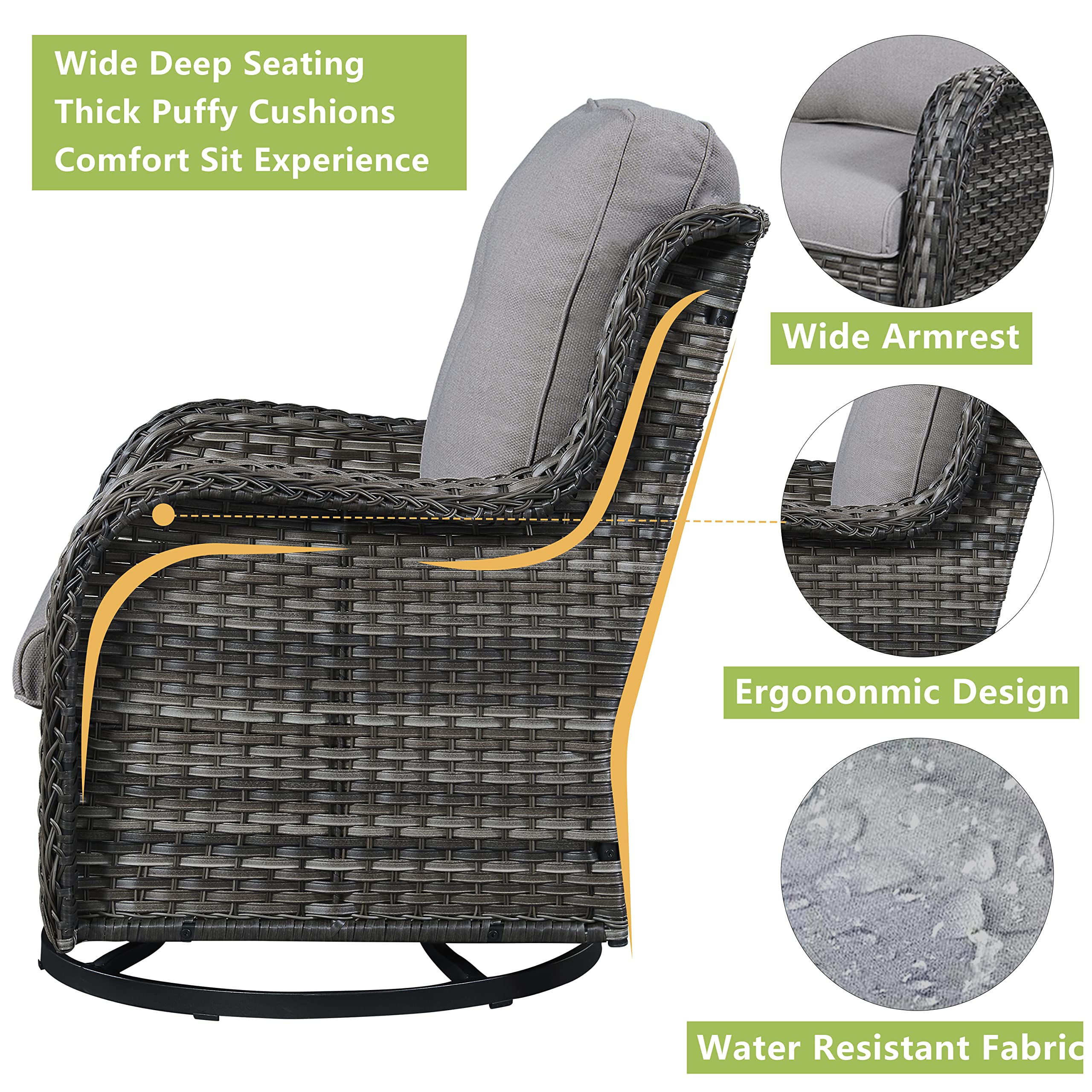 Wicker Rocking Chair Swivel Chairs - 4 Piece Rocker Patio Chairs Set Rattan Rocking Chair for Outdoor Porch Deck Garden Backyard(Mixed Grey/Grey)