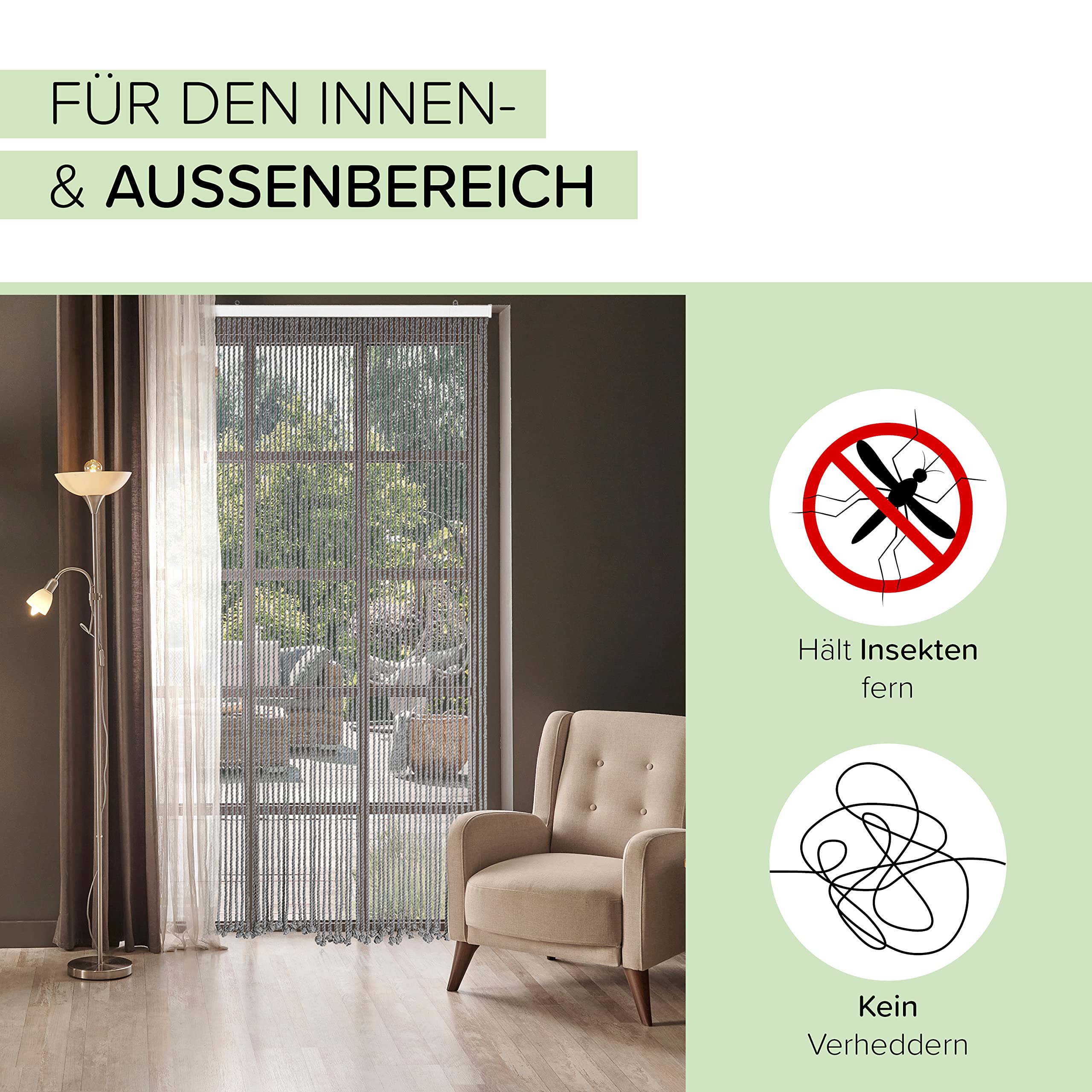 Kobolo Seilvorhang Grey, 90x195/200 cm, 54 Stränge, Grauer Türvorhang aus Baumwollseil, dekorativer Fliegenvorhang, Raumteiler oder Türdeko für den Innenbereich