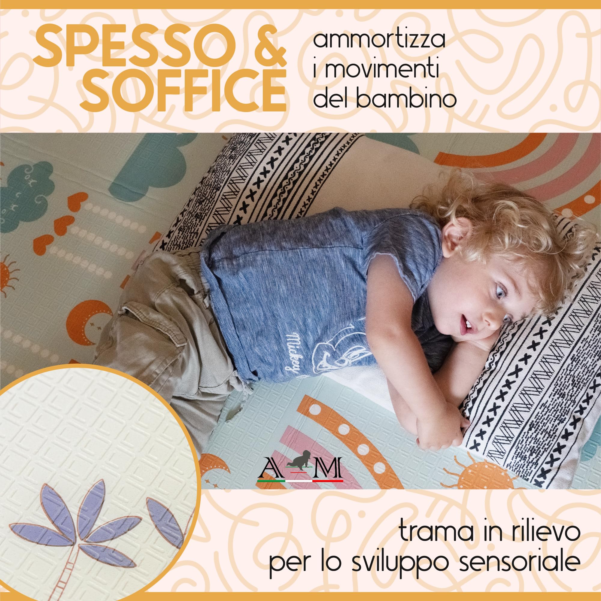 A&M Italia Tappeto Gioco Bambini Pieghevole 200x150cm con Borsa da Trasporto - Tappetino Gattonamento Neonato Sensoriale, Antiscivolo e Impermeabile