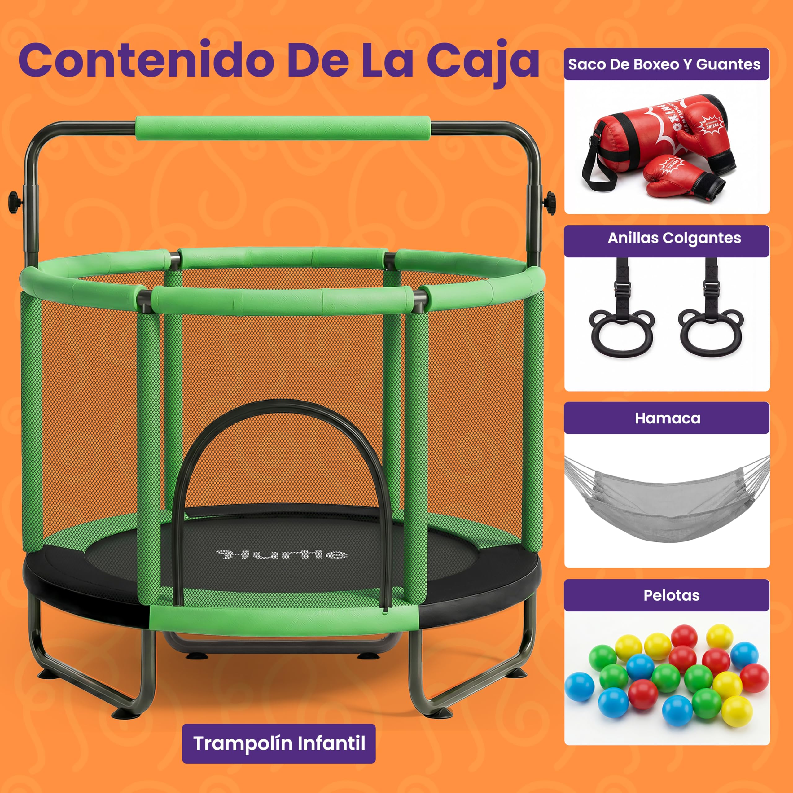 Hurtle Cama Elastica para Niños, Trampolin Infantil con Red de Seguridad, Capacidad de 199.5 kgs, Interior, Exterior, con Barra de Gimnasia Ajustable, Columpio, Saco de Boxeo y Anillos