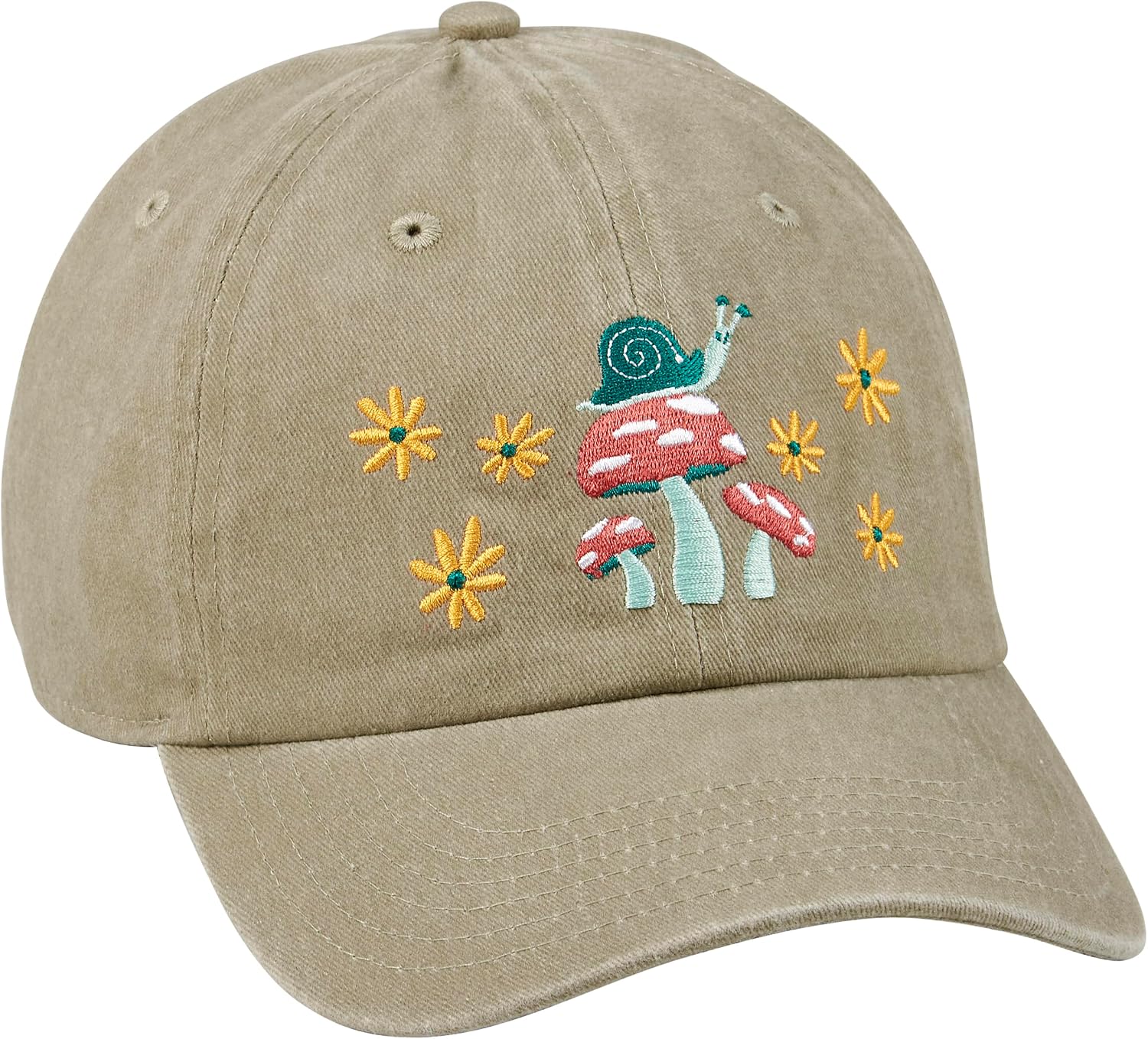 Primitives by Kathy Baseball Cap, Mushrooms Full Color Design, Stonewashed Khaki, Adjustable fit Metal Buckle