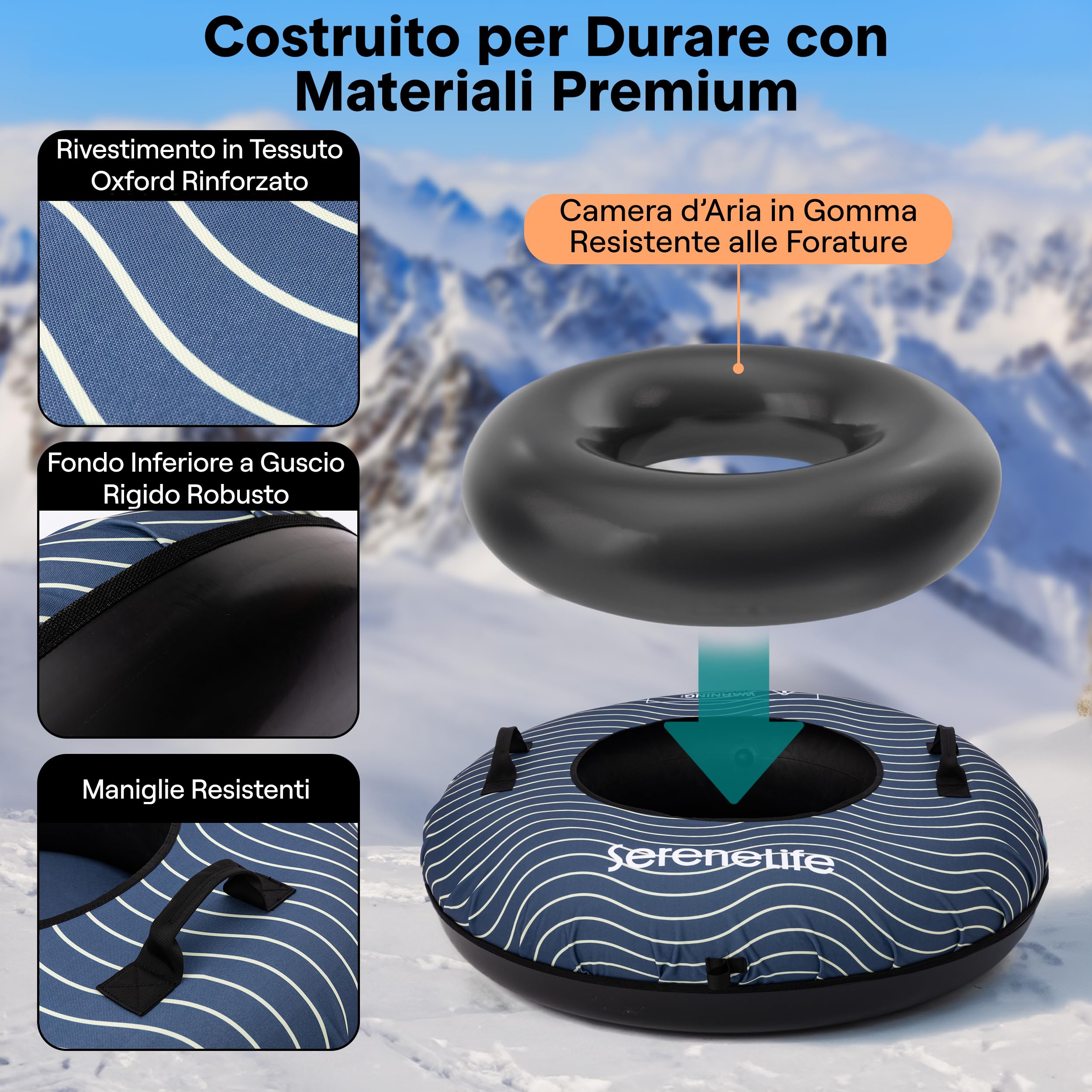 SereneLife Slitta da Neve, Slittino da Neve 102 cm, per Tutte le Età, In Discesa per Sport Invernali, Fondo Rigido in Plastica Resistente, Tubo Gonfiabile, Rivestimento Oxford, Per Bambini E Adulti