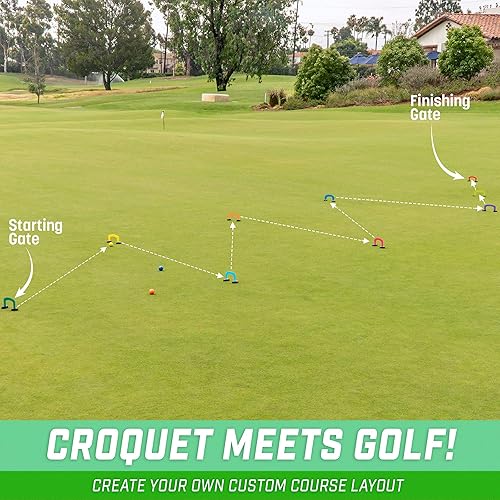 Miniatura 4 de GoSports Putt-Thru Juego de Croquet de Golpeo - Incluye 9 Puertas, 4 Bolas de Golf y Bolsa de Transporte - Juega en Casa, en la Oficina o en el