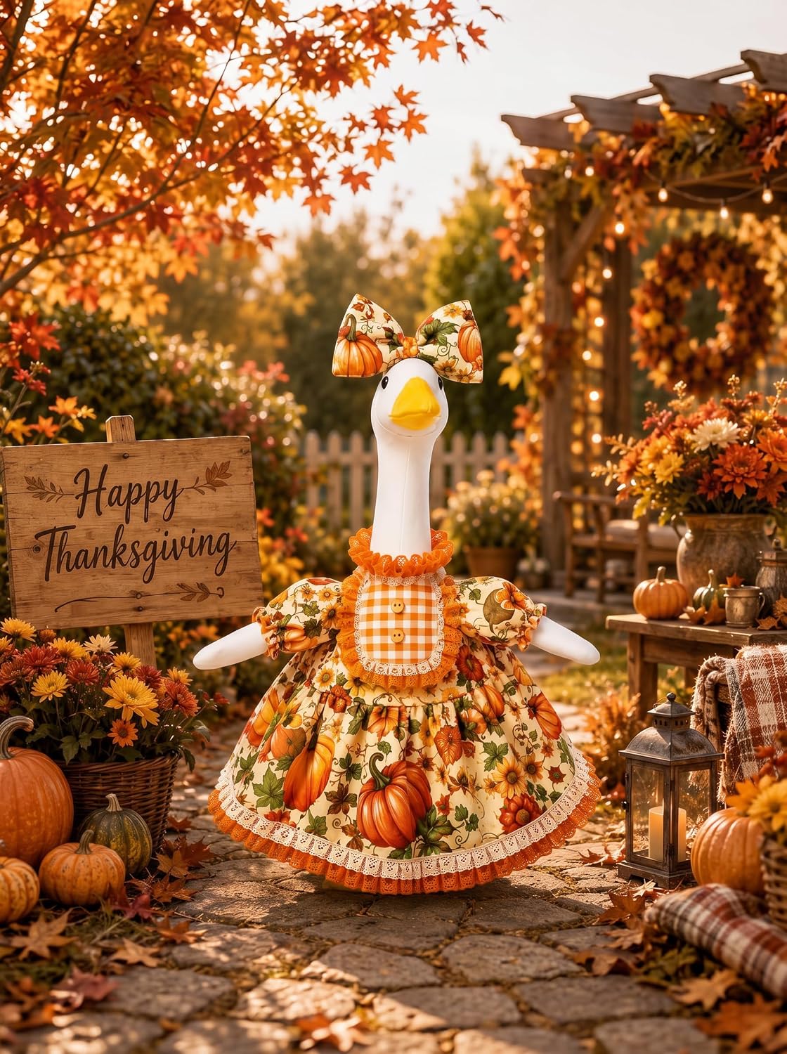 Fall Porch Goose Outfit Pumpkin Dress Costume Fits 23" Standard Lawn Statue