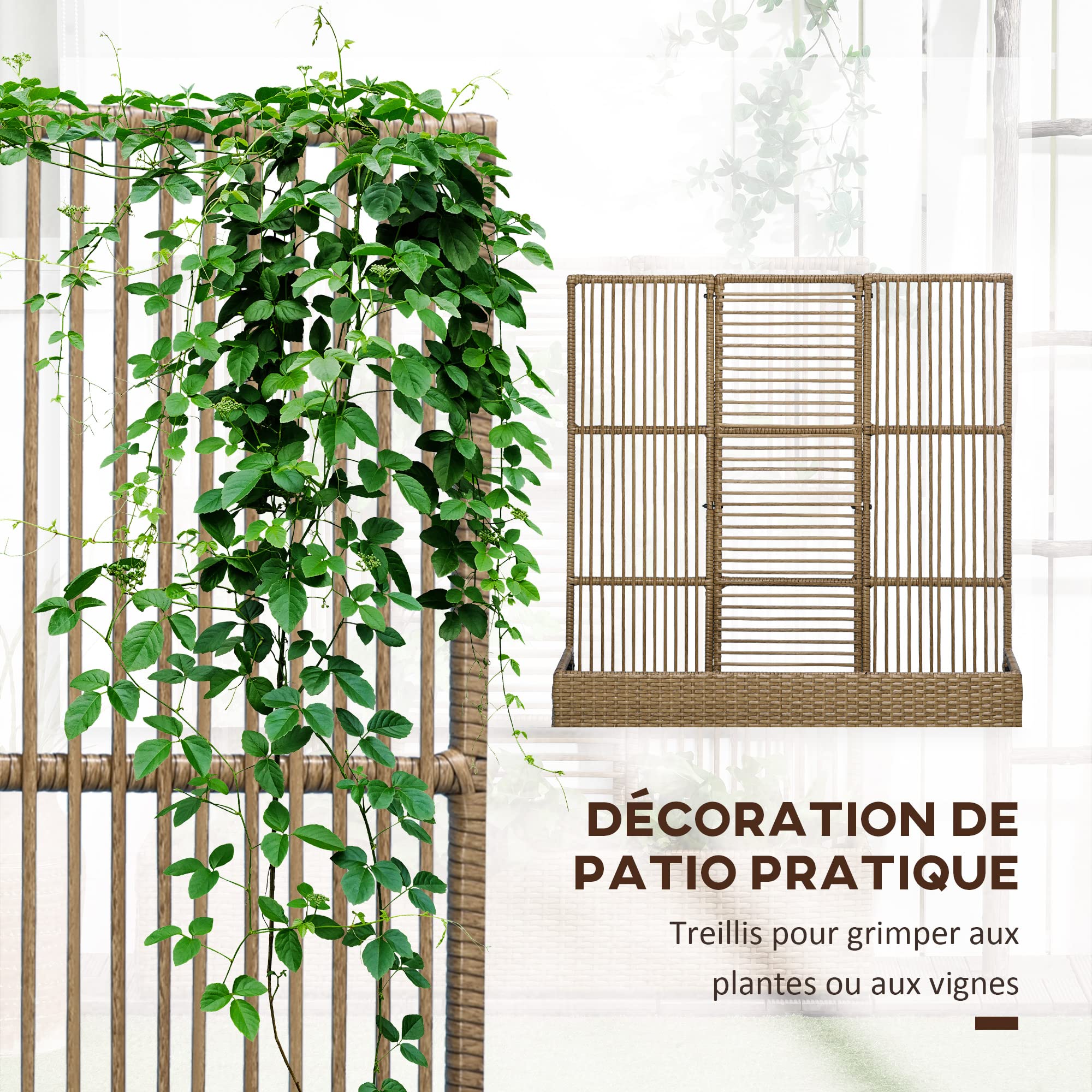 Outsunny Jardinière avec Treillis jardinière sur Pied Support pour Plantes avec Treillis bac à Fleurs rectangulaire en résine tressée PE et Acier dim. 103L x 29l x 103H cm Marron