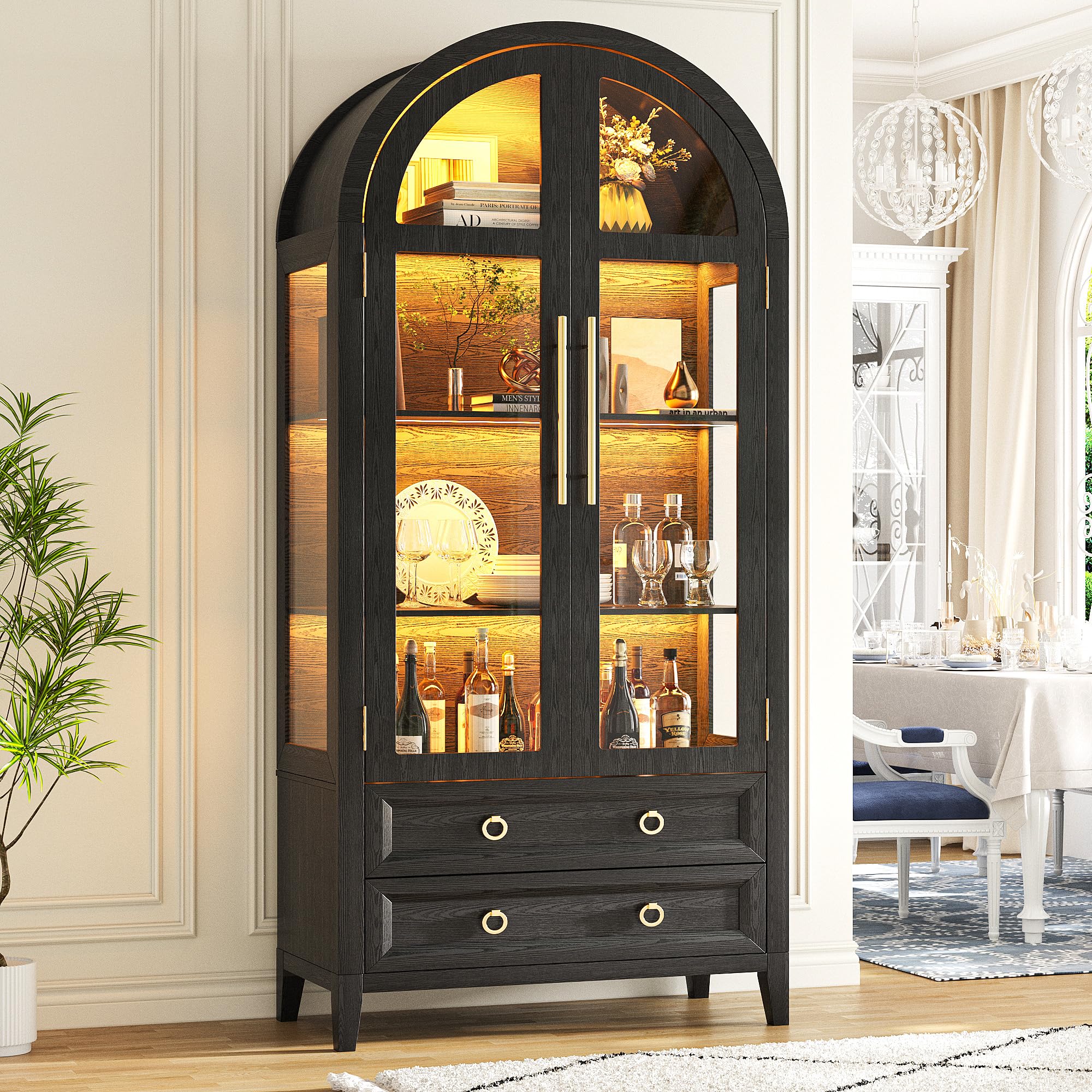 LVSOMT Gewölbte Glasvitrine mit LED Beleuchtung, 180cm Vitrinenschrank mit Glastüren, Bogen Vitrine mit 4 Display Regale und 2 Schubladen, 3 Farbe Licht, Vitrine Glas Holz Wohnzimmer Flur, Schwarz