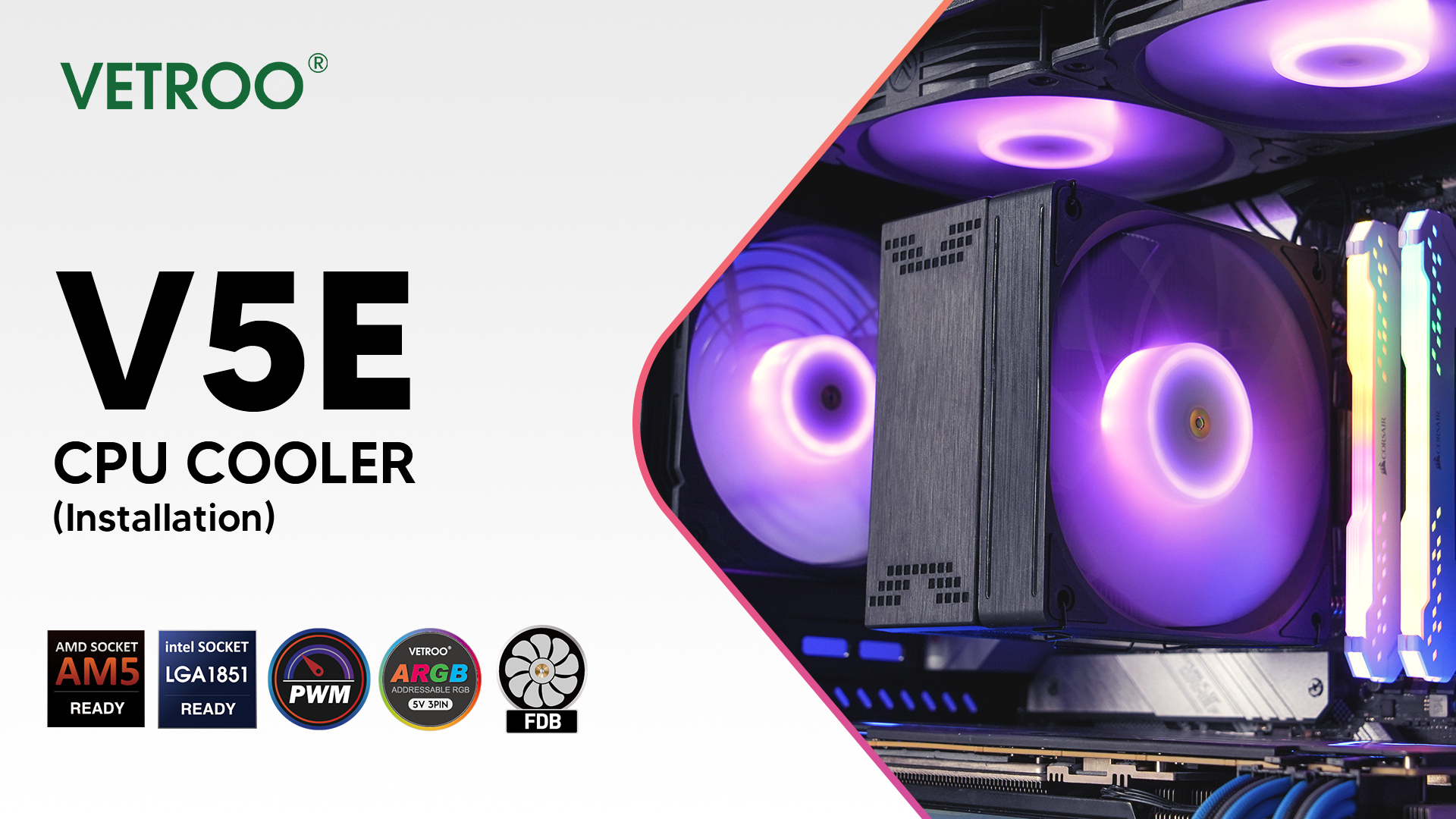 Image of Vetroo V5E CPU Air Cooler with Brushed Finish Design & 5 Heat Pipes, 120mm FDB & PWM Fan, ARGB LED Lighting Sync Cooling for Intel LGA 1851 /1700 /1200 /115X AMD AM5 /AM4 - Black