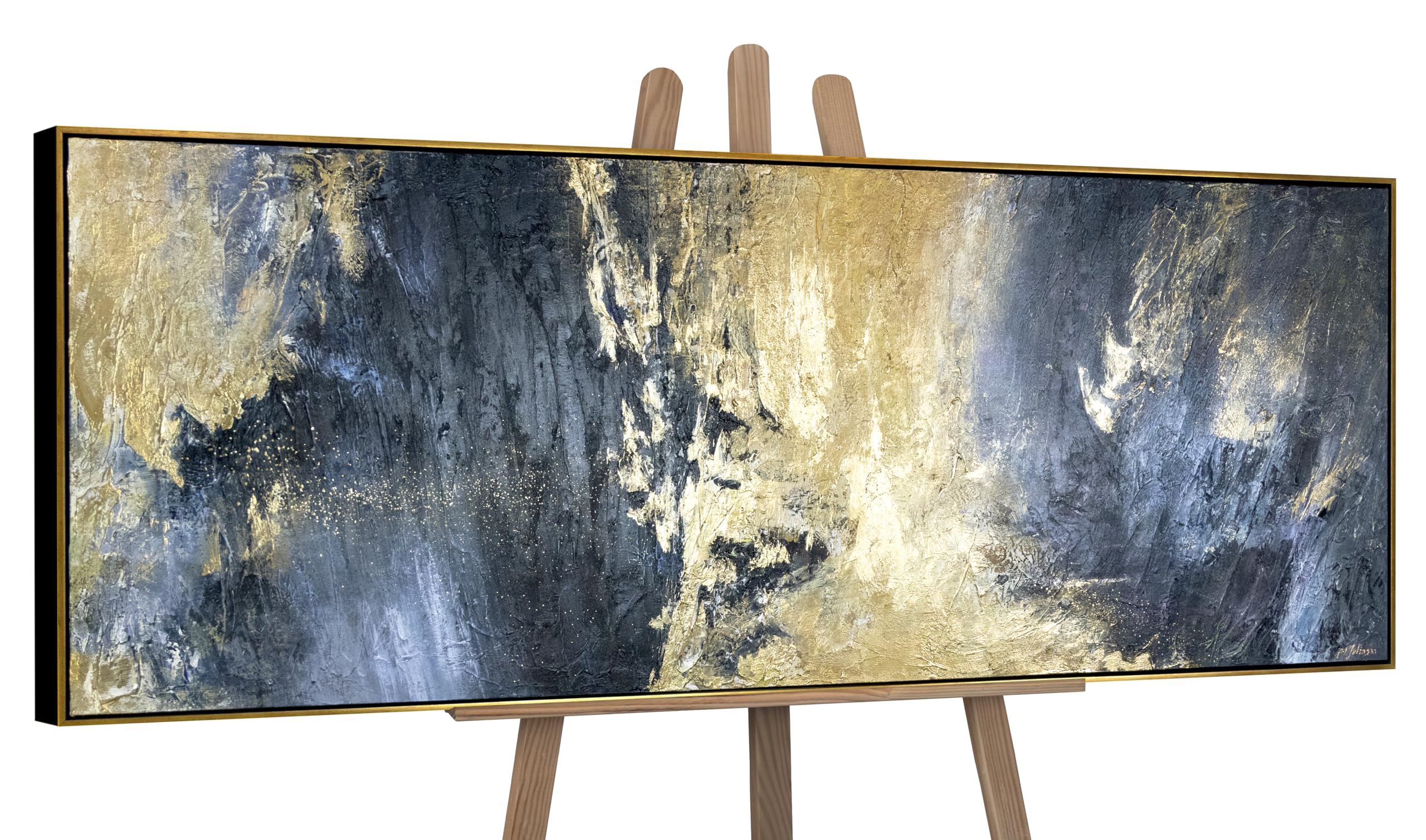 YS-Art Hand Painted Abstract Gold and Blue Canvas Wall Art in Frame Modern Large Acrylic Painting for Living Room Office or Bedroom Decor 60x20 inches