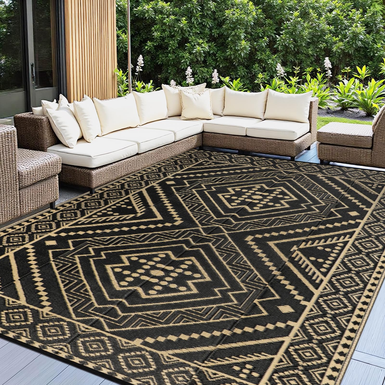 Capslpad Waterproof Outdoor Rug 245x305cm Reversible Outdoor Garden Rugs Extra Large Plastic Straw Mat Portable Boho Picnic Blanket Rug for Deck Backyard Beach Picnic Tent RV Travel, Camel