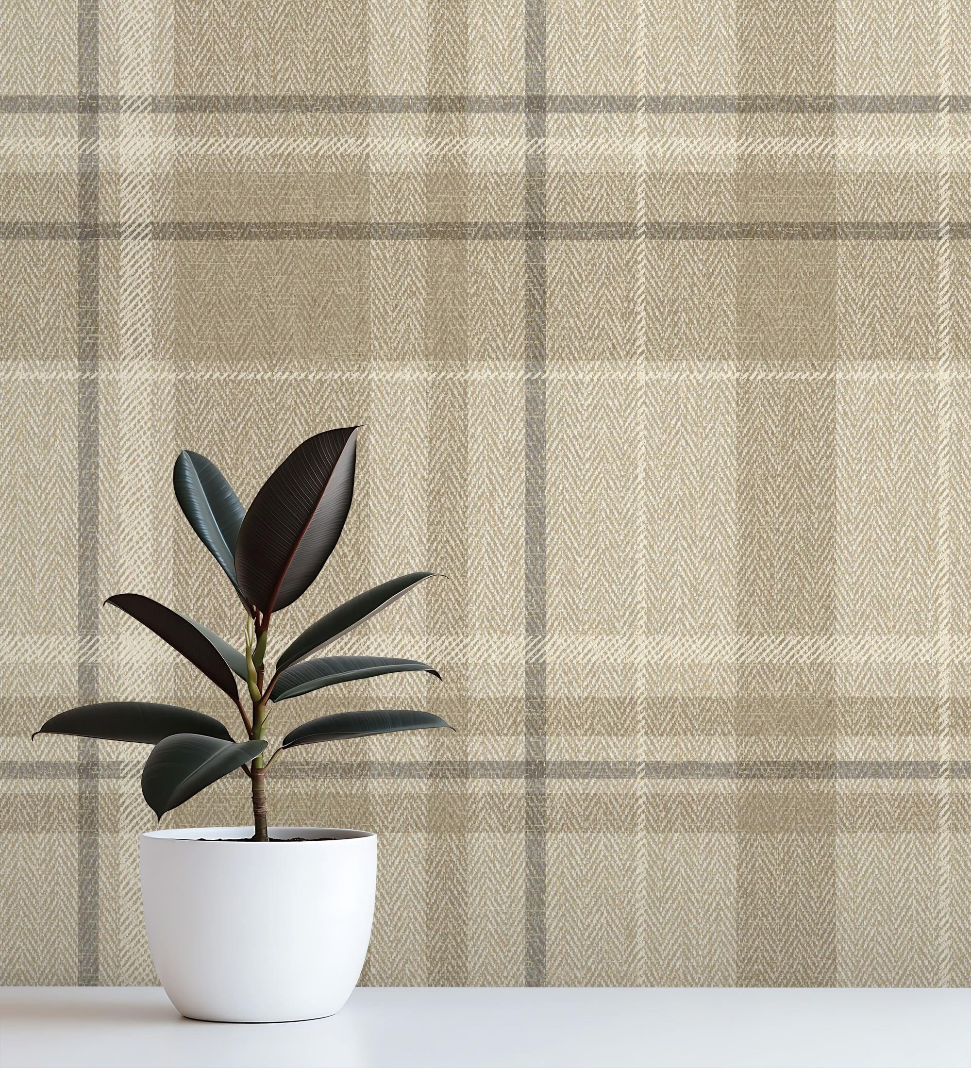 GAULAN 683559 - Papel pintado de cuadros escoceses fondo efecto textil de espiga en tonos beige para pared salón dormitorio pasillo comedor - Rollo de 10 m x 0,53 m