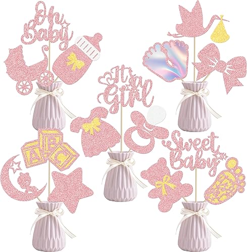 16 piezas de centros de mesa de fiesta It's A Girl para niñas, decoración de fiesta de baby shower, con purpurina de oro rosa Oh Baby Reveal para