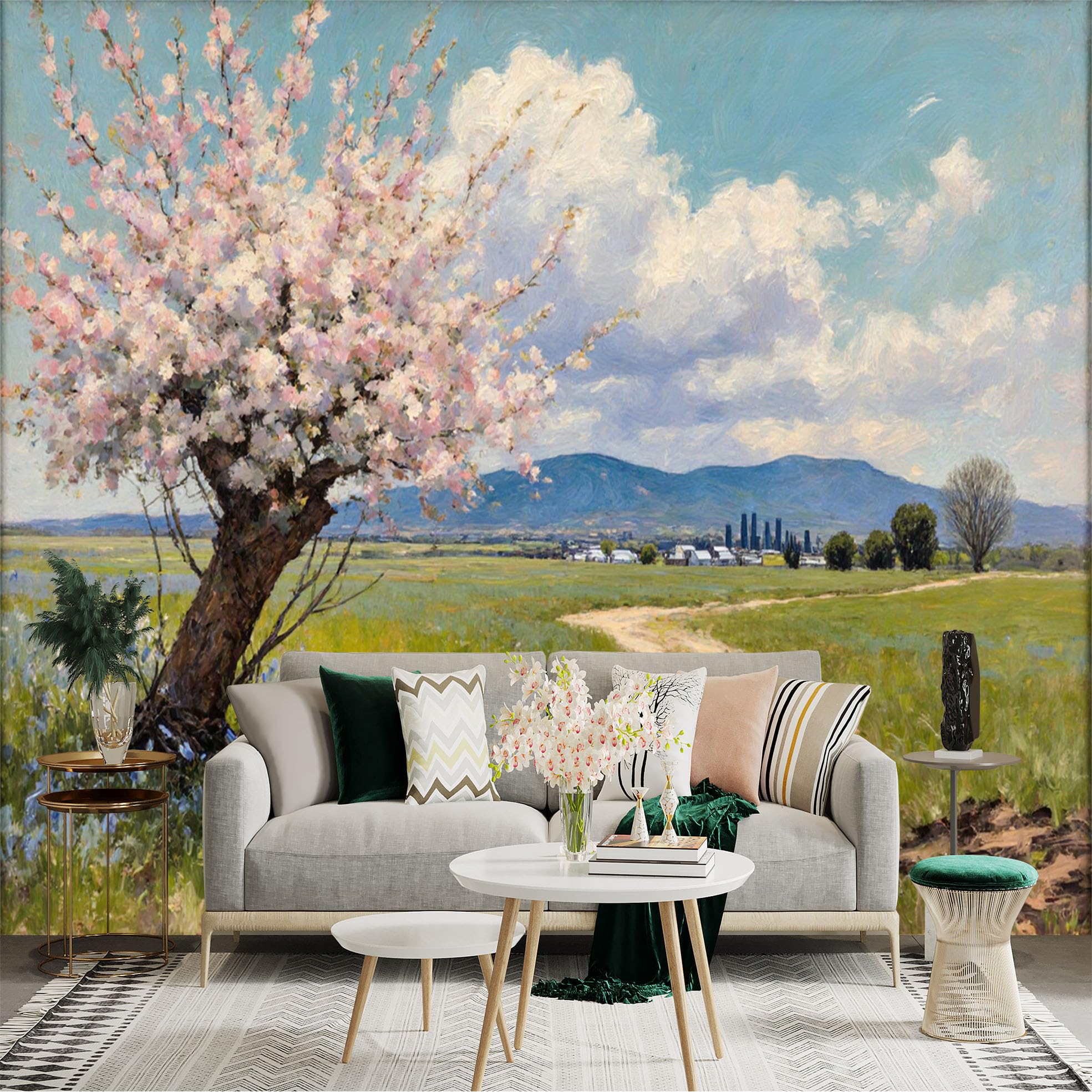 Lnzczhyre Xc260505787 Custom Size Wall Sticker Mural， Impressionist Blooming Cherry Blossom Tree， Rustic Countryside Dirt Road， Serene Field Landscape， For Wall Decoration， Peelandstick Wall Decals.