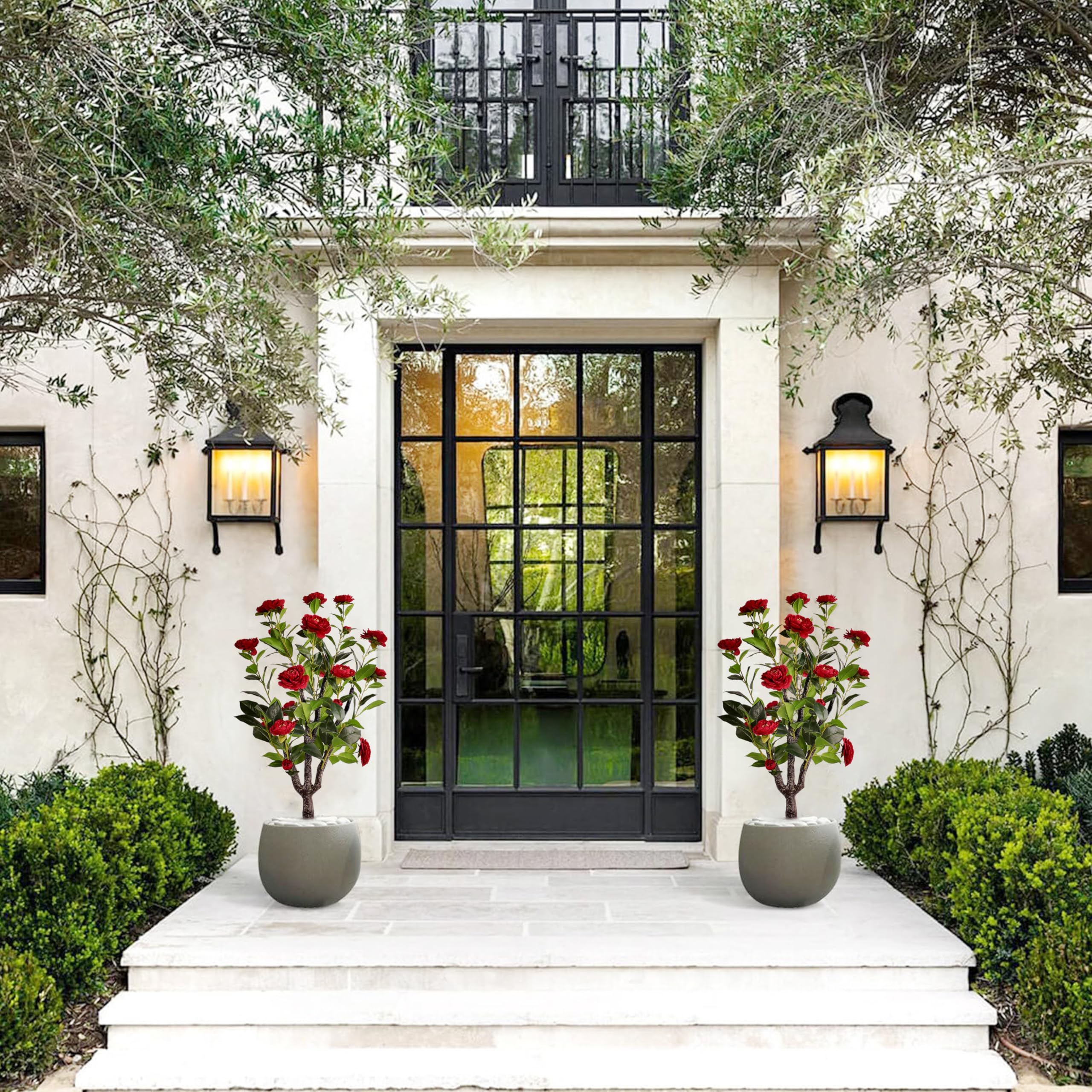 Artificial Camellia Tree 2 Pack , 36'' Faux Camellia Plant in Pot with Orange Flowers for Spring Home Front Door Outdoor Indoor Decoration (Red)