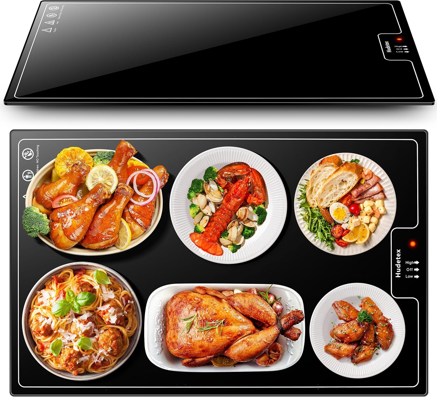 Electric Warming Tray?Large 22"x14"??Food Warmer with Thermostat and Full Surface Heating?Food Warming Mat with 2 Temperature Modes for Parties Buffet?Gatherings?Gold Edge Handles Warming Mat for Food