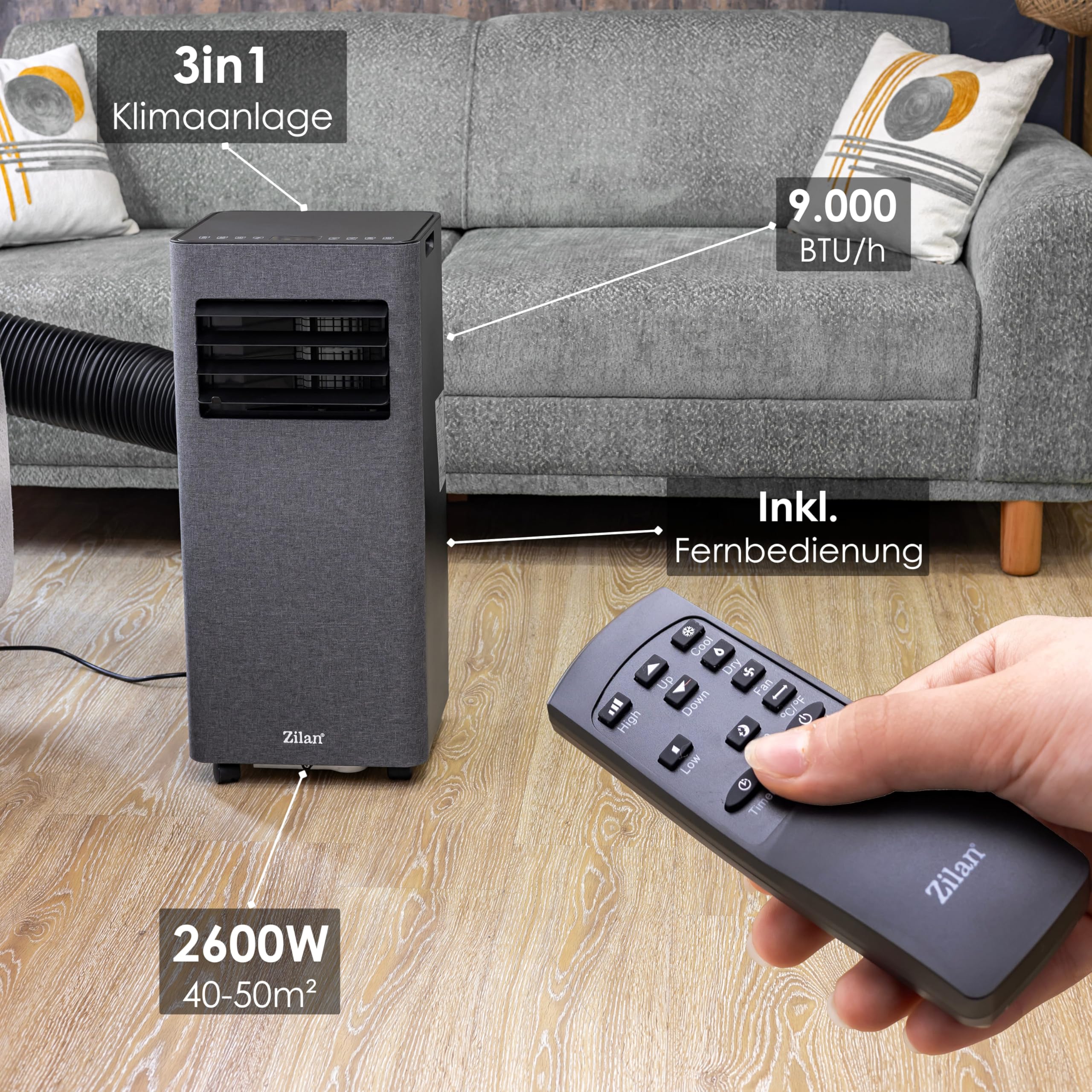 Zilan Mobile Klimaanlage 9000 BTU mit WLAN & Abluftschlauch, 3-in-1 Mobiles Klimagerät – Kühlen, Entfeuchten & Ventilator, leise, inkl. Fensterabdichtung & Fernbedienung, Timer, Wifi App-Steuerung