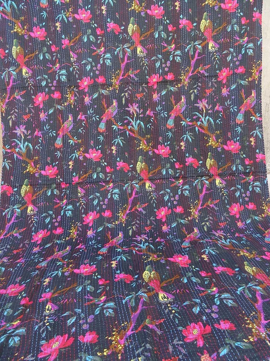Sophia-Art Handmade Bird Printed Kantha Quilt, Twin Size Kantha Bedding, Indian Cotton Bedspread, Bohemian Kantha Throw, Floral Bed Cover