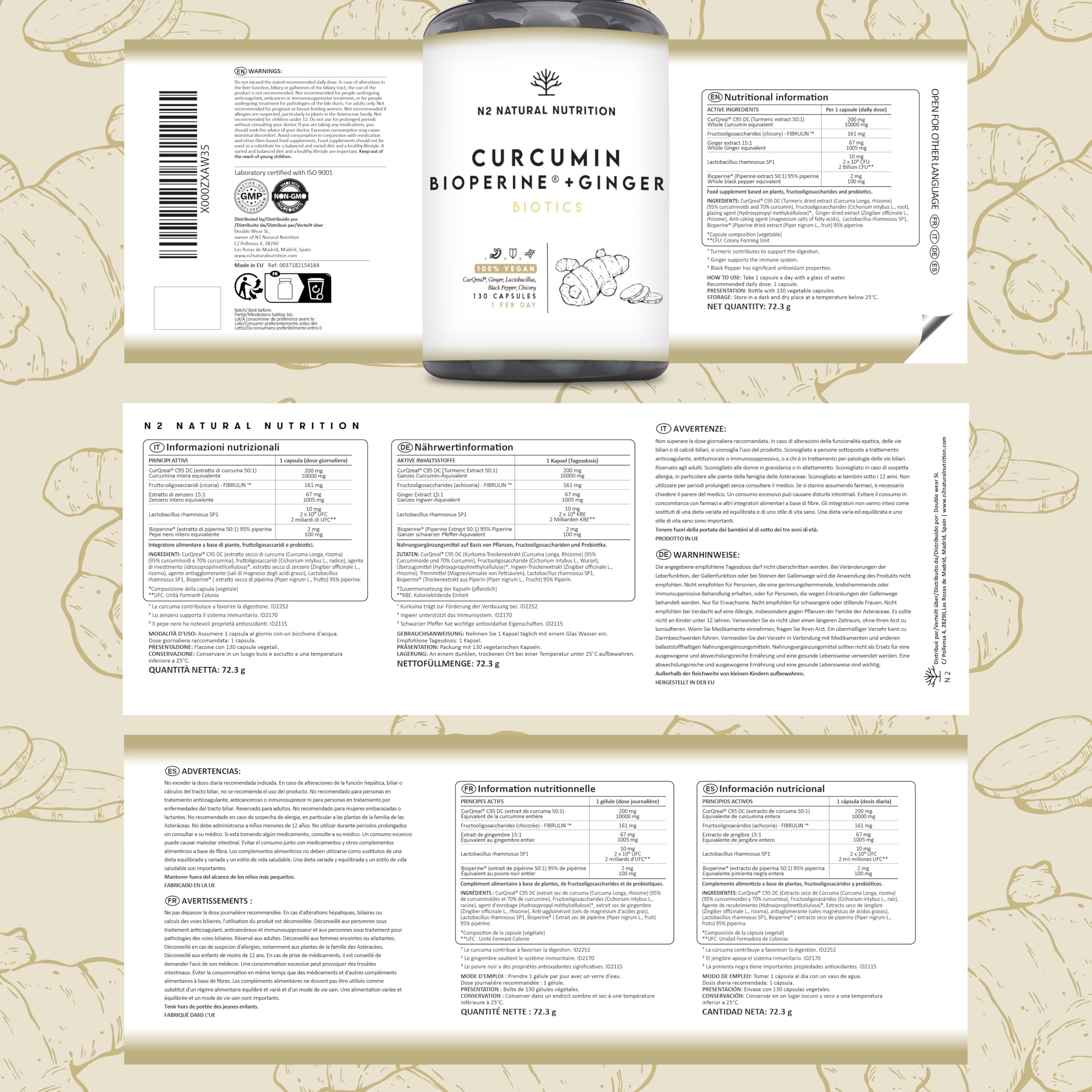 Curcuma con Piperina, Probiotici e Zenzero. 10,000 mg di Curcuma per Capsula (95% di Curcuminoidi). 4 Mesi. Potente azione Antinfiammatoria e Antiossidante. Formula brevettatai N2 Natural Nutrition