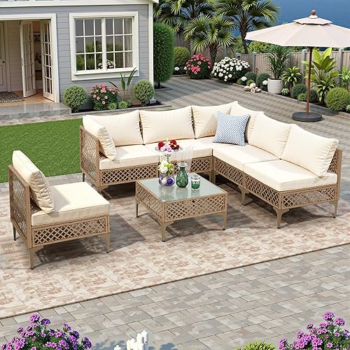 FHFO 7 Piece Outdoor Wicker Patio Furniture Set, Rattan Sectional Sofa Couch, Patio Conversation Set with Cushion & Coffee Table, for Backyard Poolside Porch Garden, Yellow/Beige