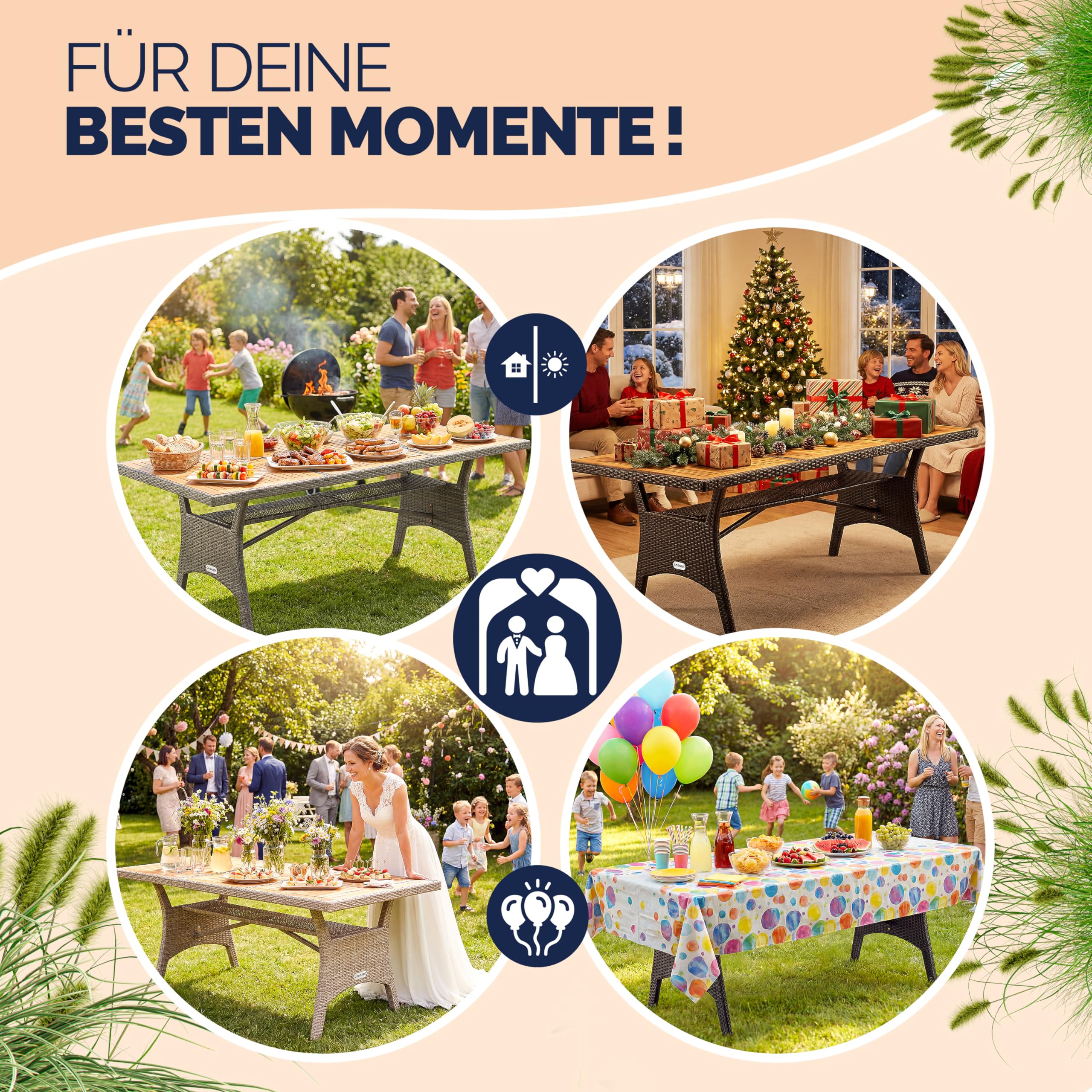 Casaria® Polyrattan Gartentisch mit Ablage FSC®- zertifiziertes Akazienholz 190x90 cm Höhenverstellbar Wetterfest Garten Terrasse Esstisch Tisch Braun