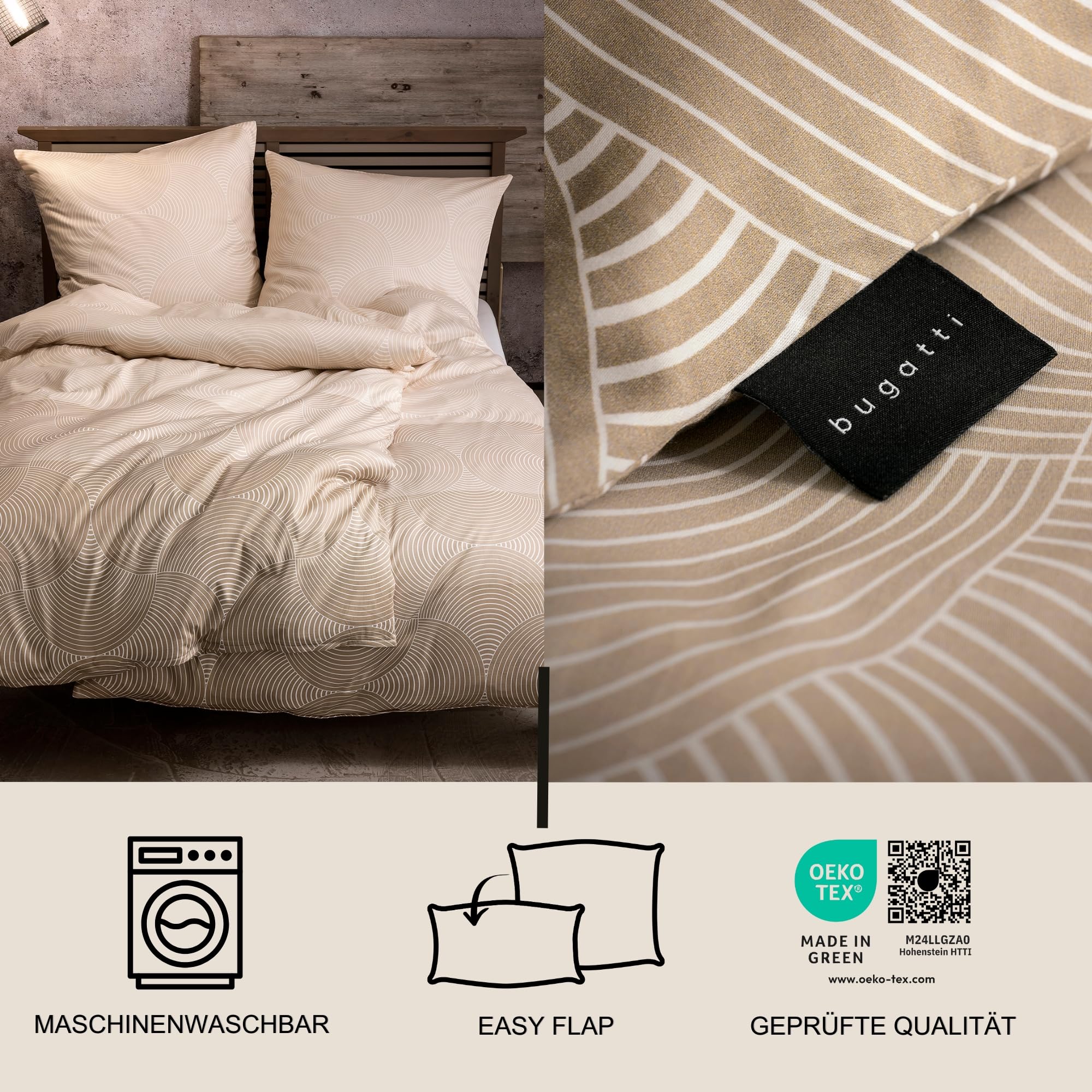 BUGATTI Ropa de cama de 135 x 200 cm – 100% algodón, cierre de cremallera, suave, lavable, diseño de círculos, color beige
