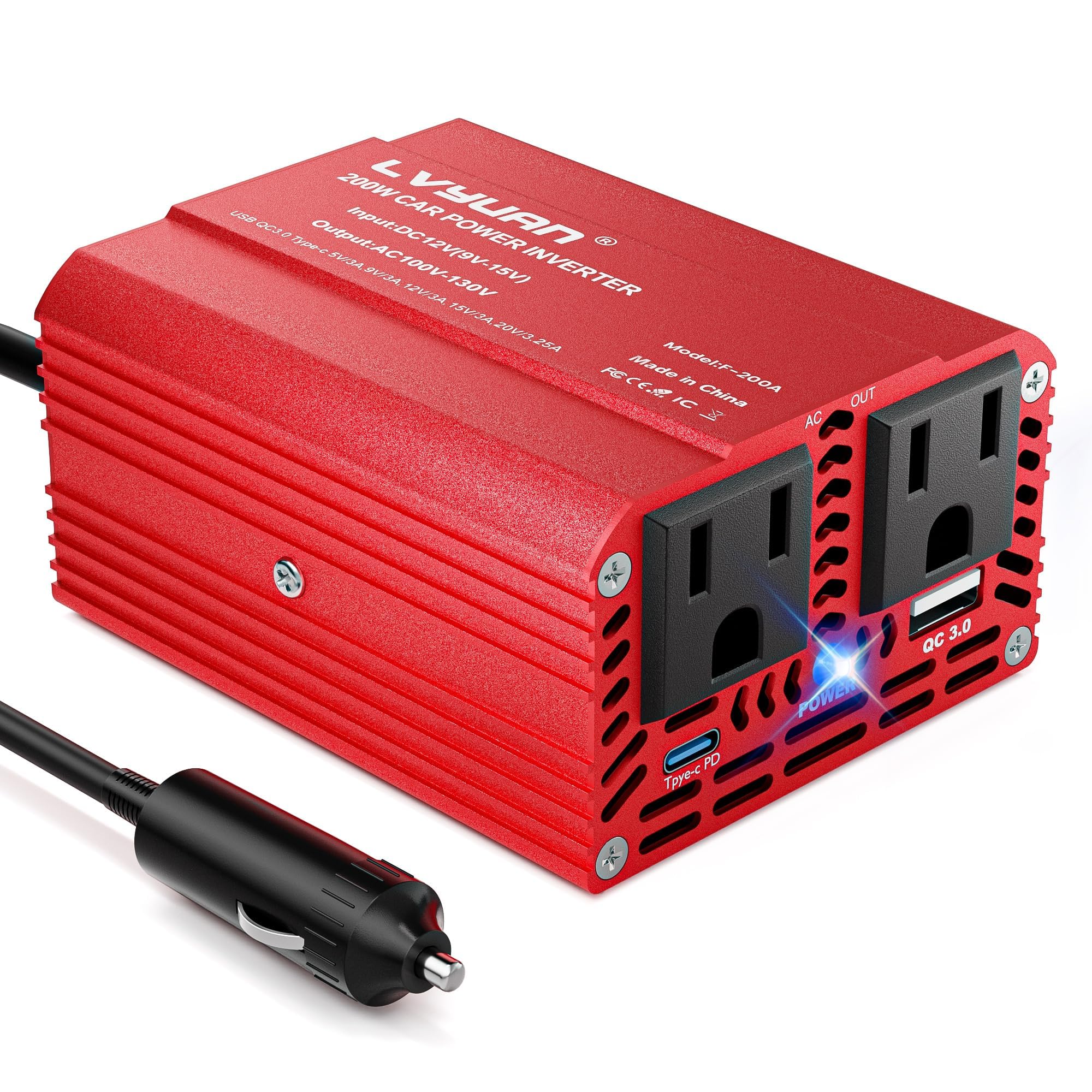 Photo 1 of 200W Power Inverter, LVYUAN Inverter 12V DC to 110V AC Car Plug in Adapter Outlet 65W PD Type-C & 28W QC Fast-Charging Ports Vehicle Converter for Phone, Laptops, Road Trip Charger (Red)
