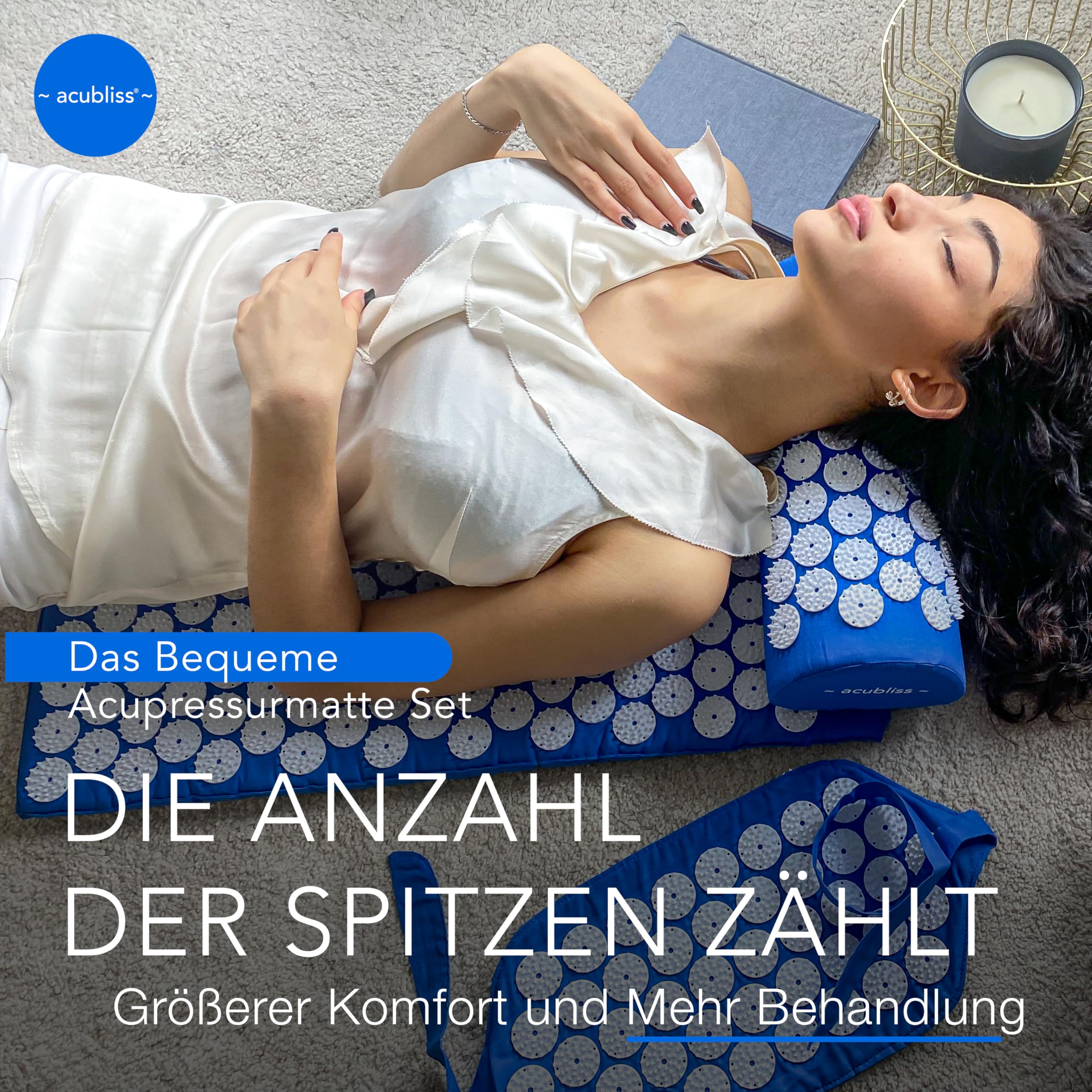 Akupressurmatte und -kissen – Akupressur Set mit Gurt – Gegen Nacken- und Rückenschmerzen – Akupressurmatte mit Kissen und Gurt für Mehr Energie und Entspannung – Mit Beutel – Deep Blue