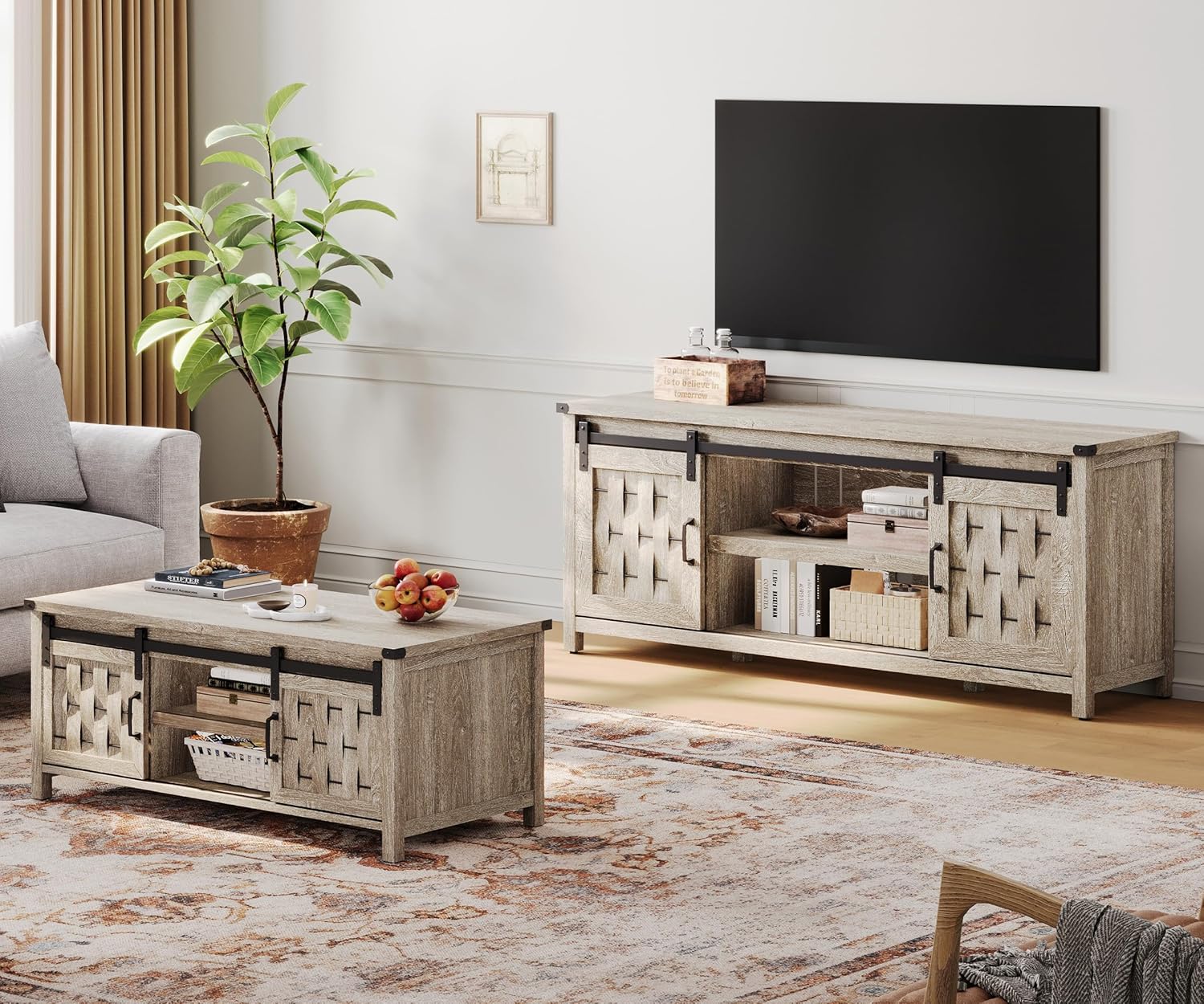 Close-up of cable management cutouts and thickened tabletop on the TV stand