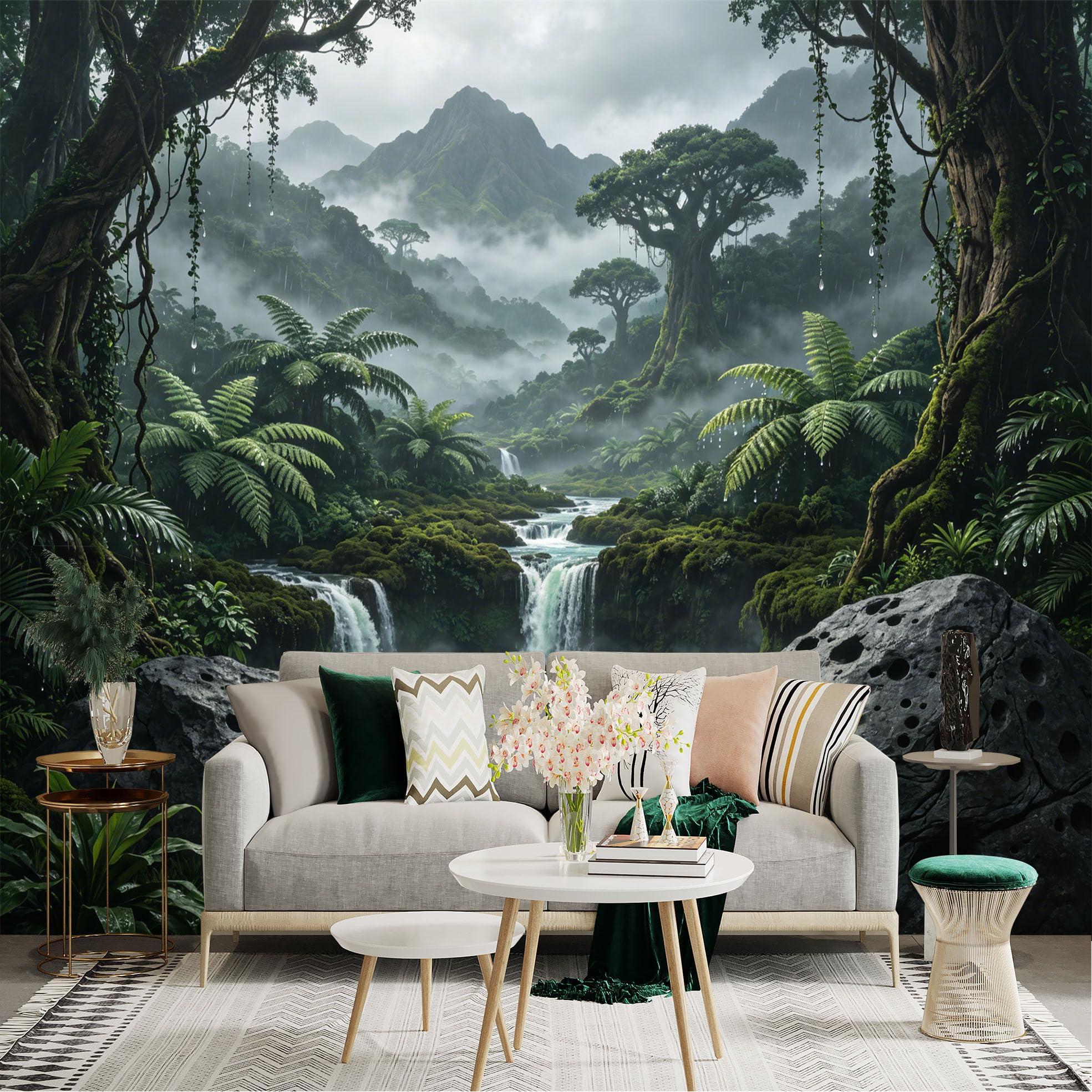 Custom Size Wall Sticker Mural， Misty Tropical Rainforest with Waterfalls and Mountain View， for wall Decoration， peelandstick wall Decals.