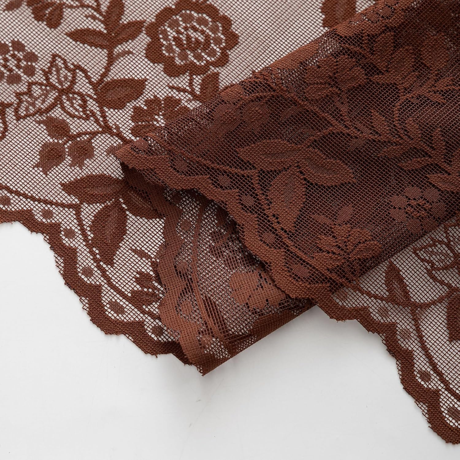 Chestnut Brown Lace Curtains 84 Inches Long, 2 Panels, 42W x 84L Inch, Country Leaf Floral Brown Colored Sheer Lace Curtains for Living Room, Rod Pocket Privacy Light Filtering Chocolate Curtain 7 FT