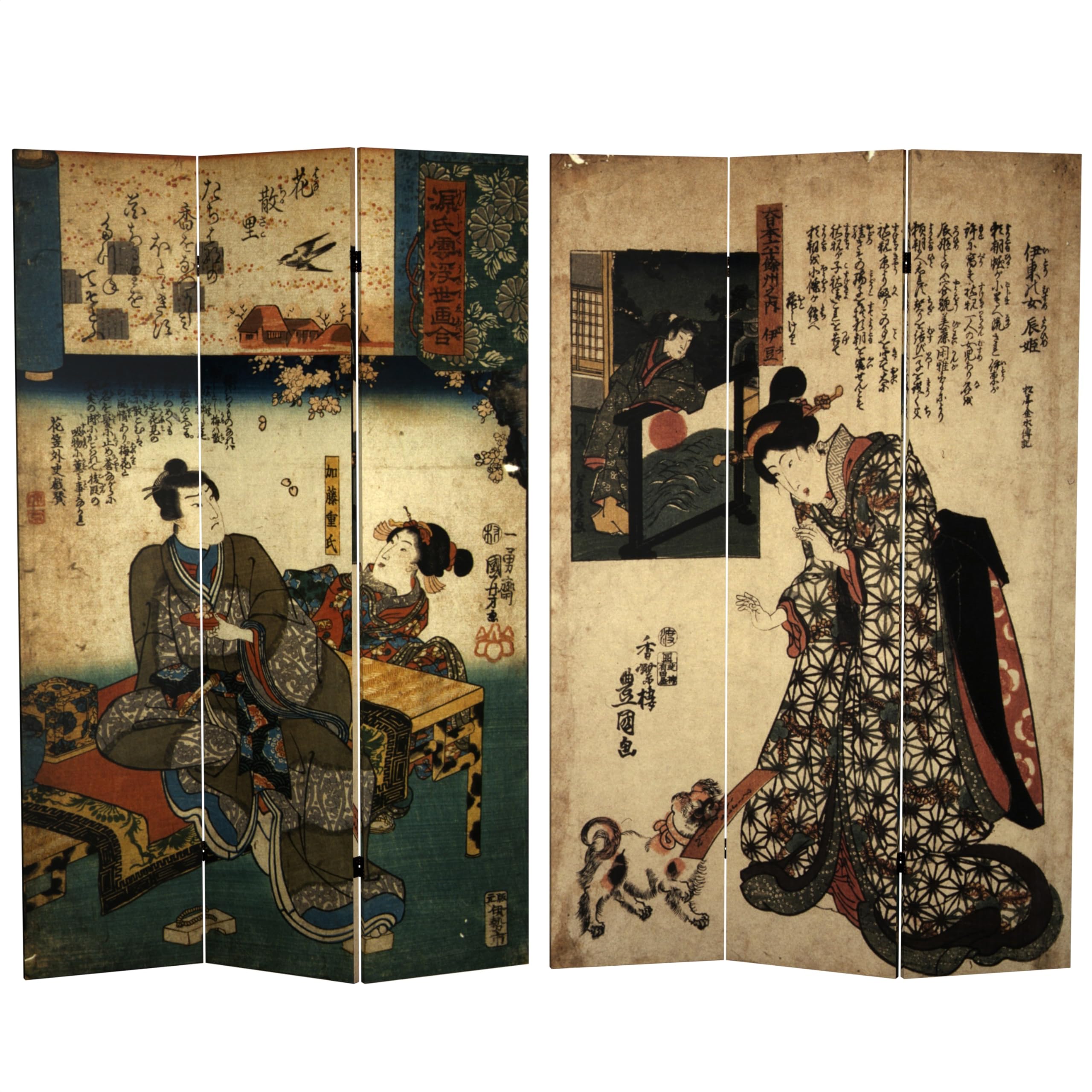Photo 1 of Red Lantern 6 ft. Tall Double Sided Dynasty-Inspired Canvas Room Divider, Japanese Figures