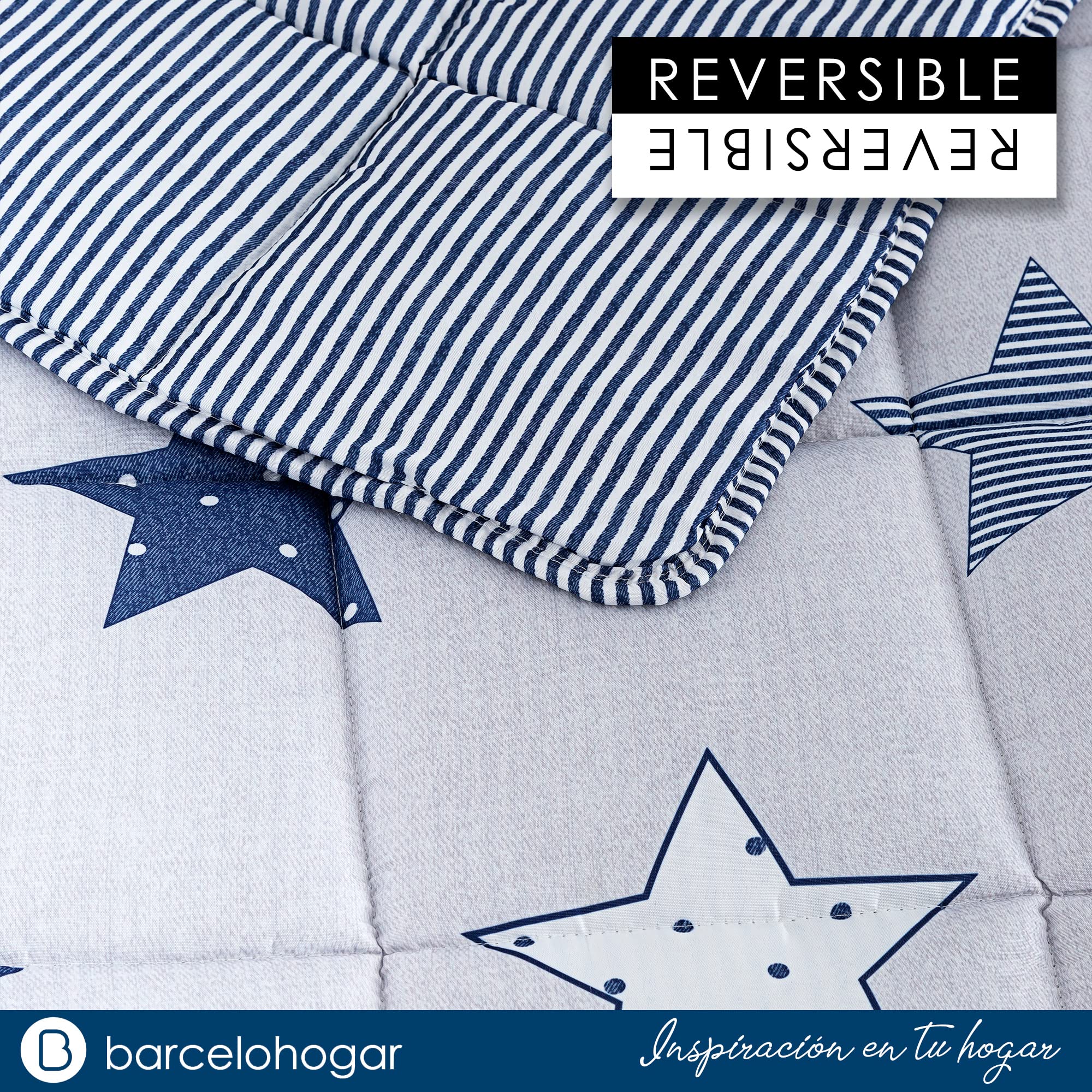 Barceló Hogar - Edredon Estampado Reversible Star, Color Único, Cama 105 cm, Medida 200x270 cm, Esquinas Redondas, Edredón Juvenil