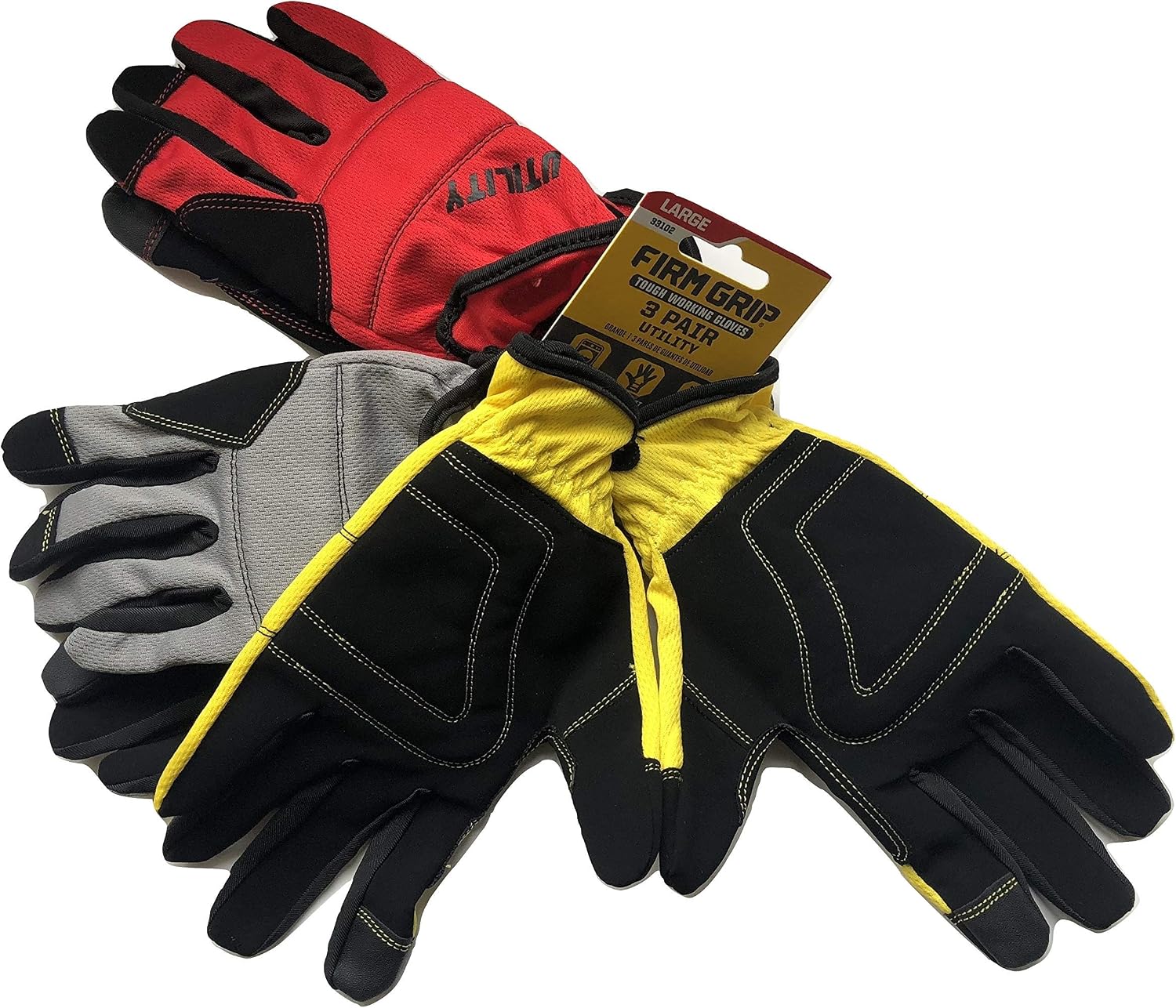 Tough Working Gloves, 3 Pair Utility, Red, Gray, Yellow