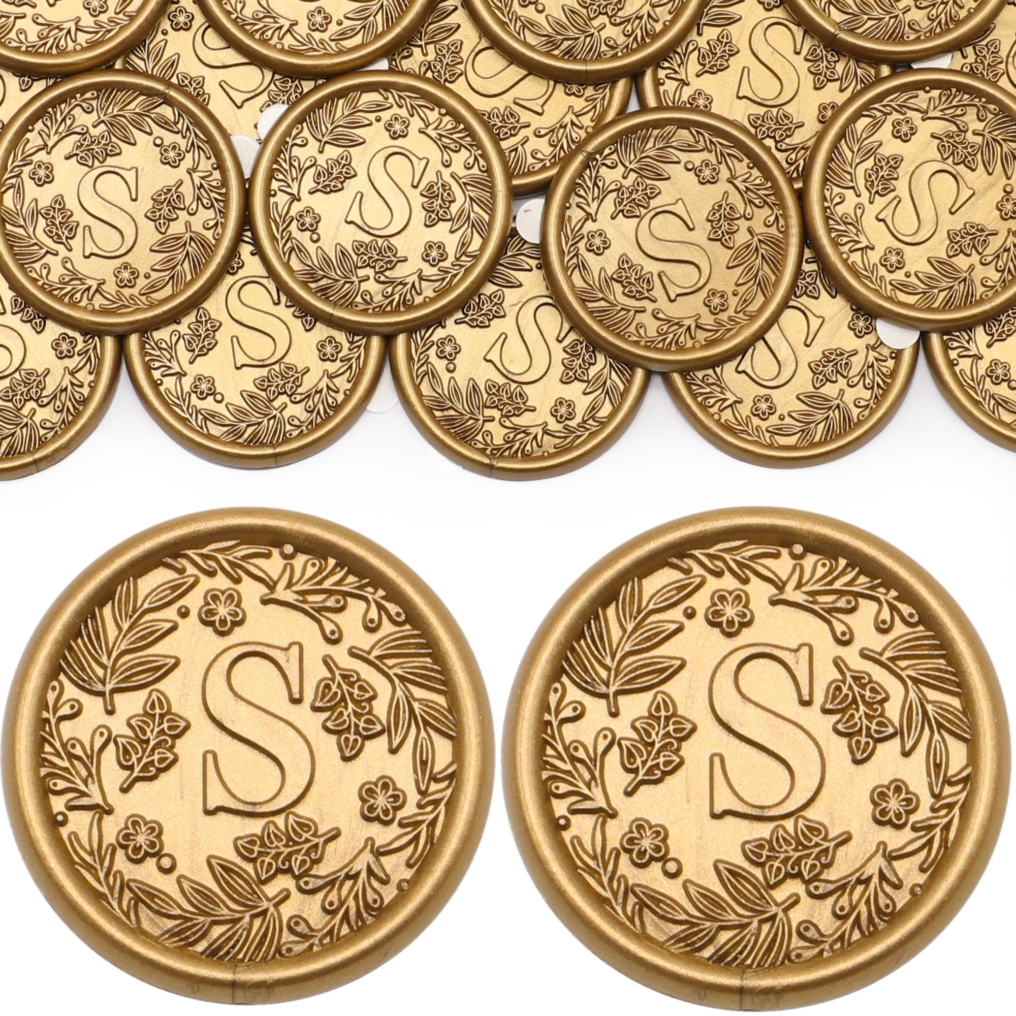 SWANGSA Letter Wax Seal Stickers, 100 Pcs Botanical Flowers Initial Alphabet S, Antique Gold Envelope Seals for Wedding Invitation, Christmas, Gift Wrapping