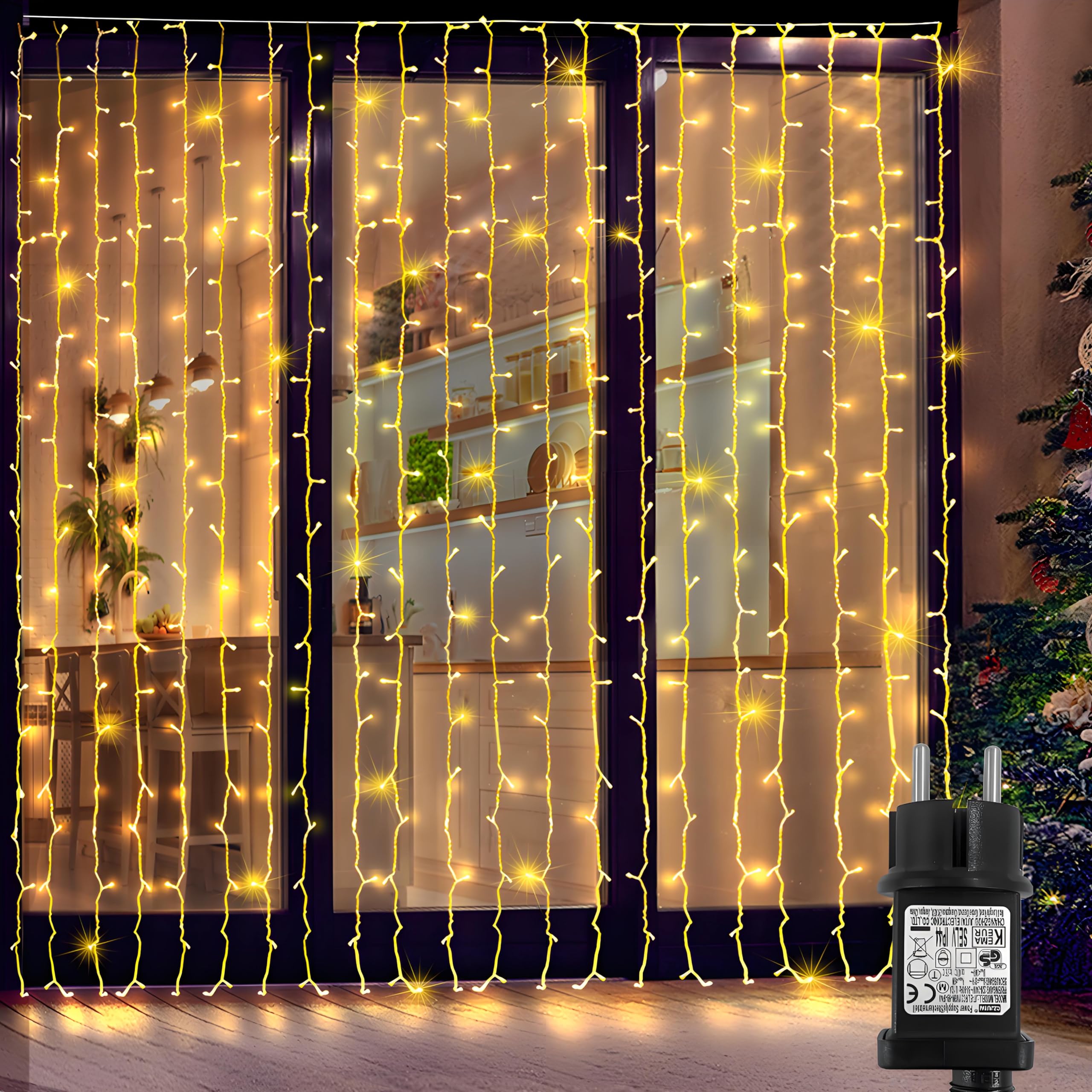 Zewool Lichtervorhang 3x3m, 300 LED Lichterkette Warmweiß,IP65 Wasserdicht Lichtervorhang Innen Außen Vorhang 8 Modi mit Timer für Weihnachten Hochzeit Party Deko Zimmer [Energieklasse G]