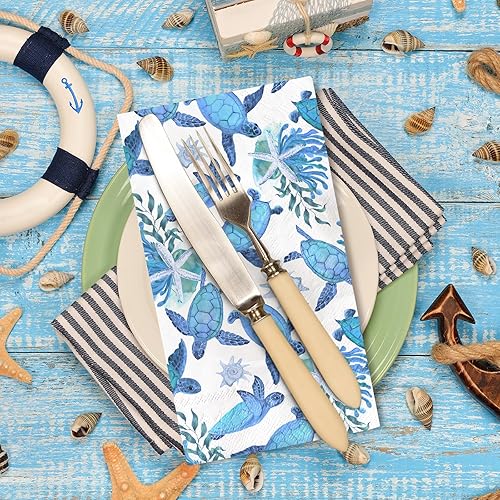 Miniatura 3 de AnyDesign - 100 servilletas de papel desechables con diseño de tortuga para invitados, diseño de animales marinos, servilletas de mano para el