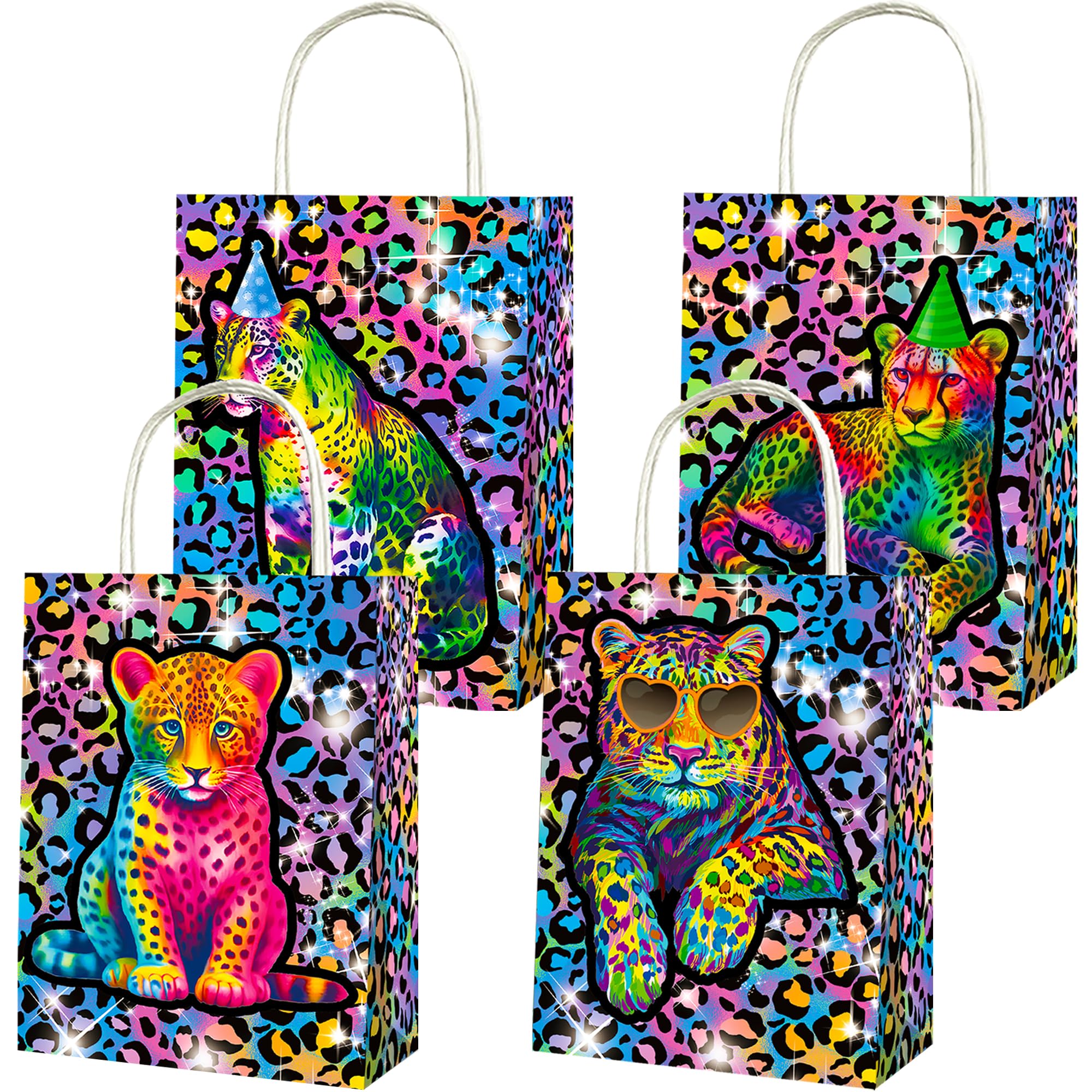 umoni 12PCS Rainbow Cheetah Favor Bags Neon Leopard Birthday Party Supplies Cheetah Print Paper Gift Bags Neon Cheetah Handle Treat Bags for Safari