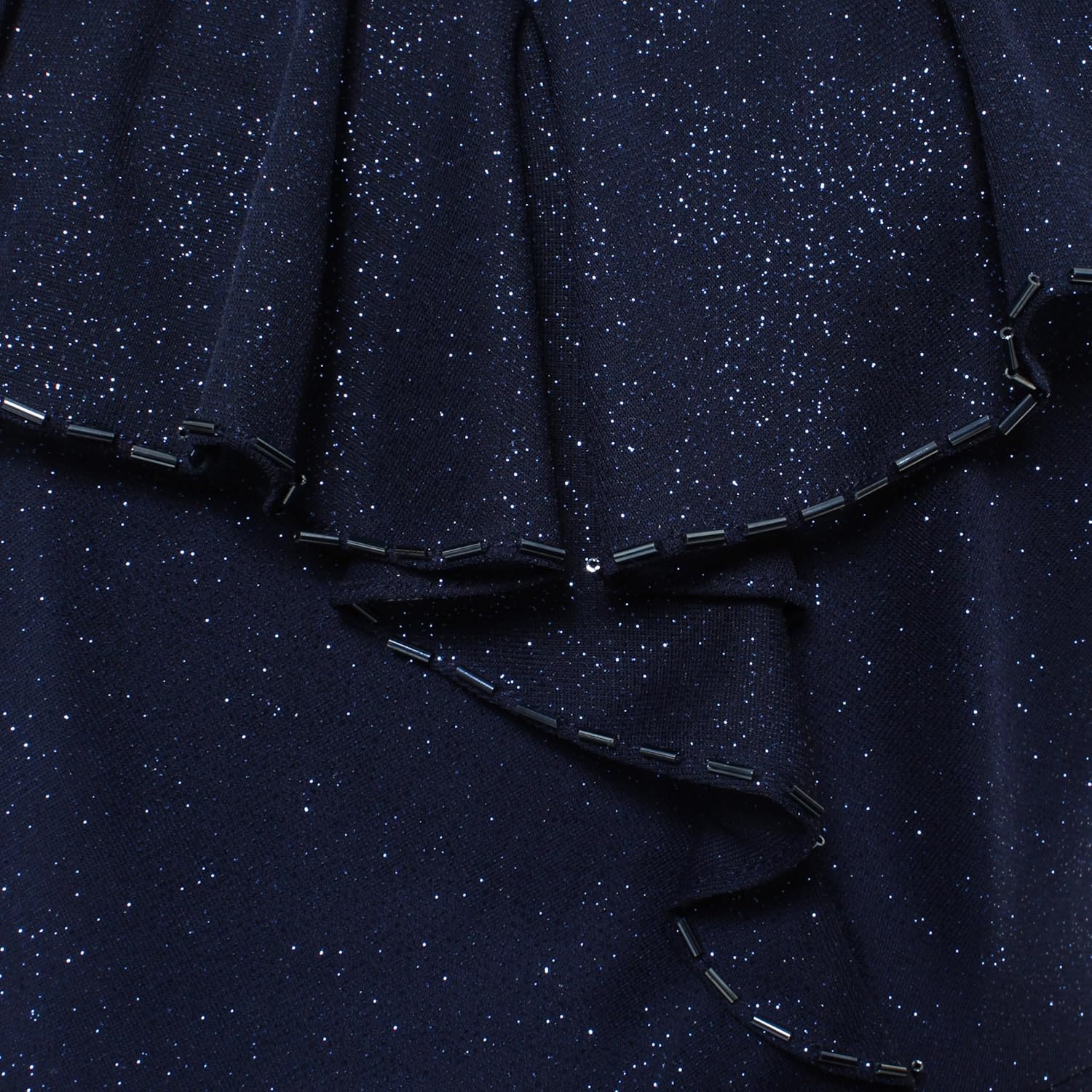 S.L. Fashions Women's Glitter Mesh Stretch Dress W/Shoulder Embellishment Formal Long Gown, (Petite and Regular Sizes), Navy Ruffle, 14 - Image 4