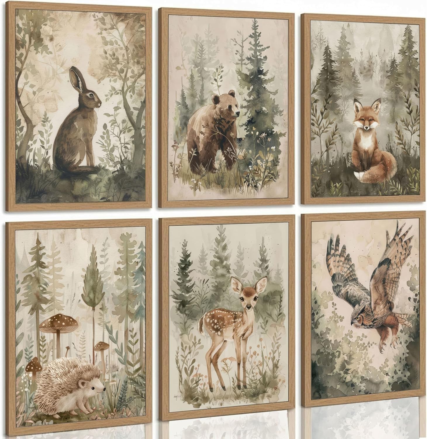 6 Pcs Woodland Nursery Canvas Wall Art Neutral Vintage Cottagecore Forest Safari Animals Natural Landscape Watercolor Painting Picture Wall Decor Poster Print Artwork for Baby Kids Room Unframed