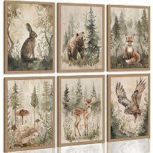 6 Pcs Woodland Nursery Canvas Wall Art Neutral Vintage Cottagecore Forest Safari Animals Natural Landscape Watercolor Painting Picture Wall Decor Poster Print Artwork for Baby Kids Room Unframed
