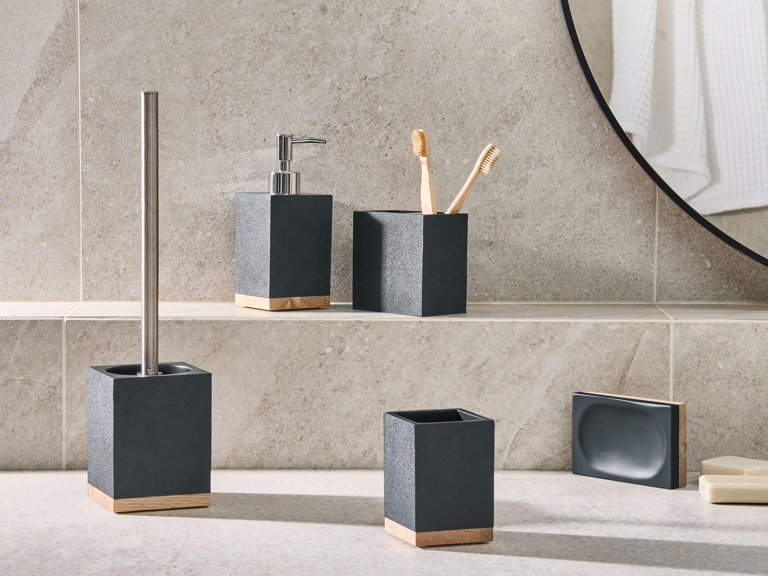 Conjunto de 5 Accesorios de baño jabonera dispensador de jabón escobilla de Inodoro Vaso Soporte para cepillos de Dientes Negro Tapiche