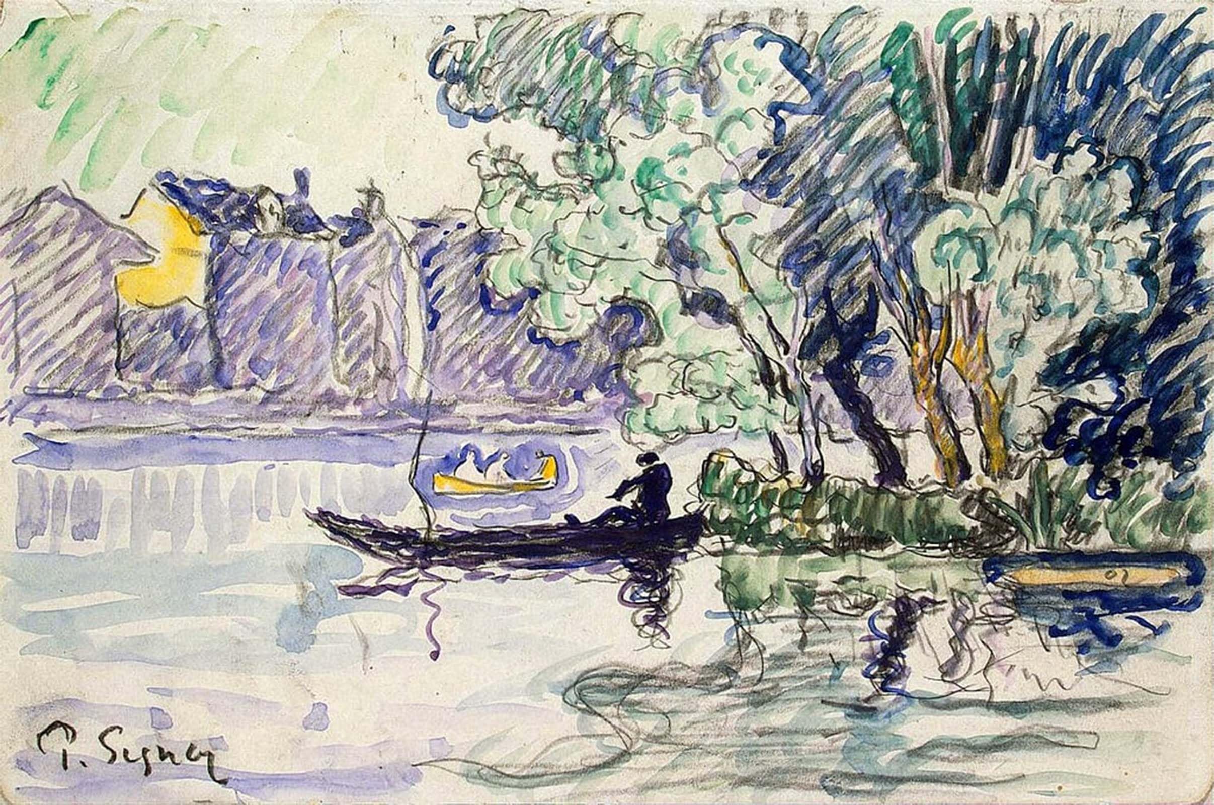 POSTERIIk Vintage Classic Picture Landscape Artwork Fisherman in a Boat Near a Bank of the Seine by Paul Signac Portrait Canvas Painting for Office Home Decor 60x90cm