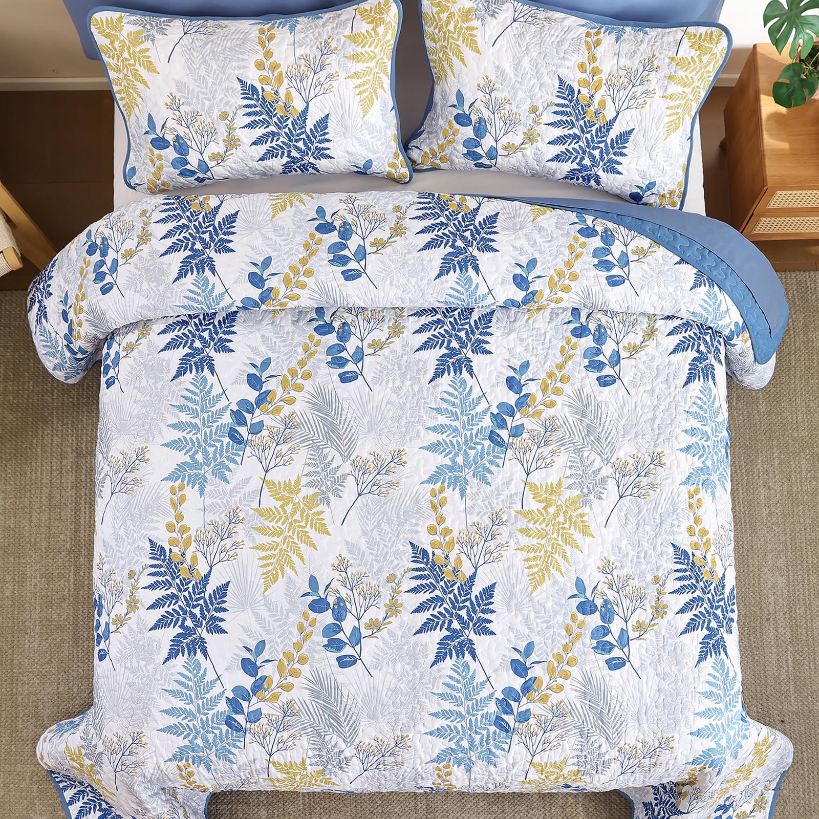 WONGS Bedding Couvre-lit botanique 3 pièces avec Motif de Feuilles – Couvre-lit réversible en Microfibre légère pour Toutes Les Saisons (243,8 x 228,6 cm), Bleu Marine