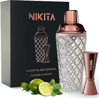 DEMERI Nikita by Niki Luxury Glass Cocktail Shaker | Leakproof Metallic Steel Lid with Strainer | Home Martini Mocktail Making Set | 385ml | Gift Box (Rose Gold)