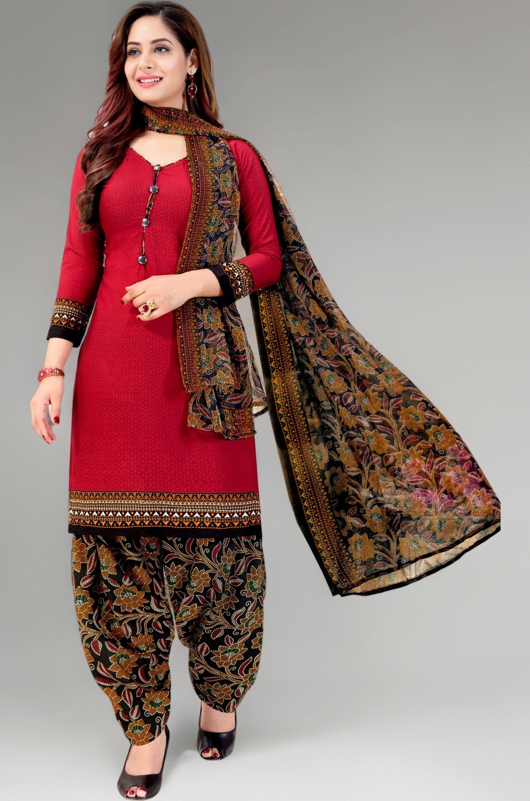 Women's Red Cotton Printed Unstitched Salwar Suit Material(JOPLVSM4031)