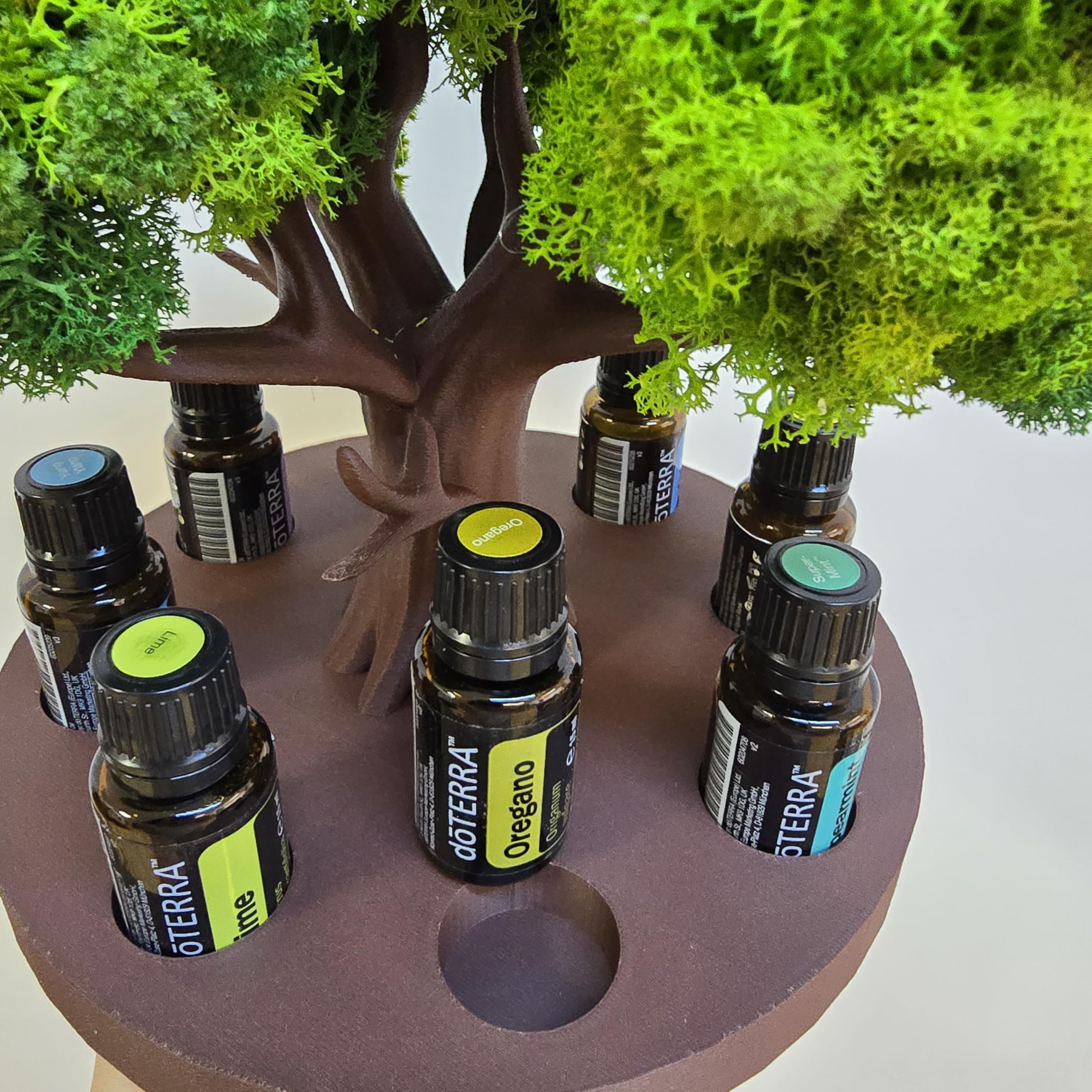 Ölständer Baum-Design | 8er Organizer für 15 ml Fläschchen Ø22 mm (für doTERRA & andere Marken) | Premium skandinavisches Rentiermoos | Handgefertigt