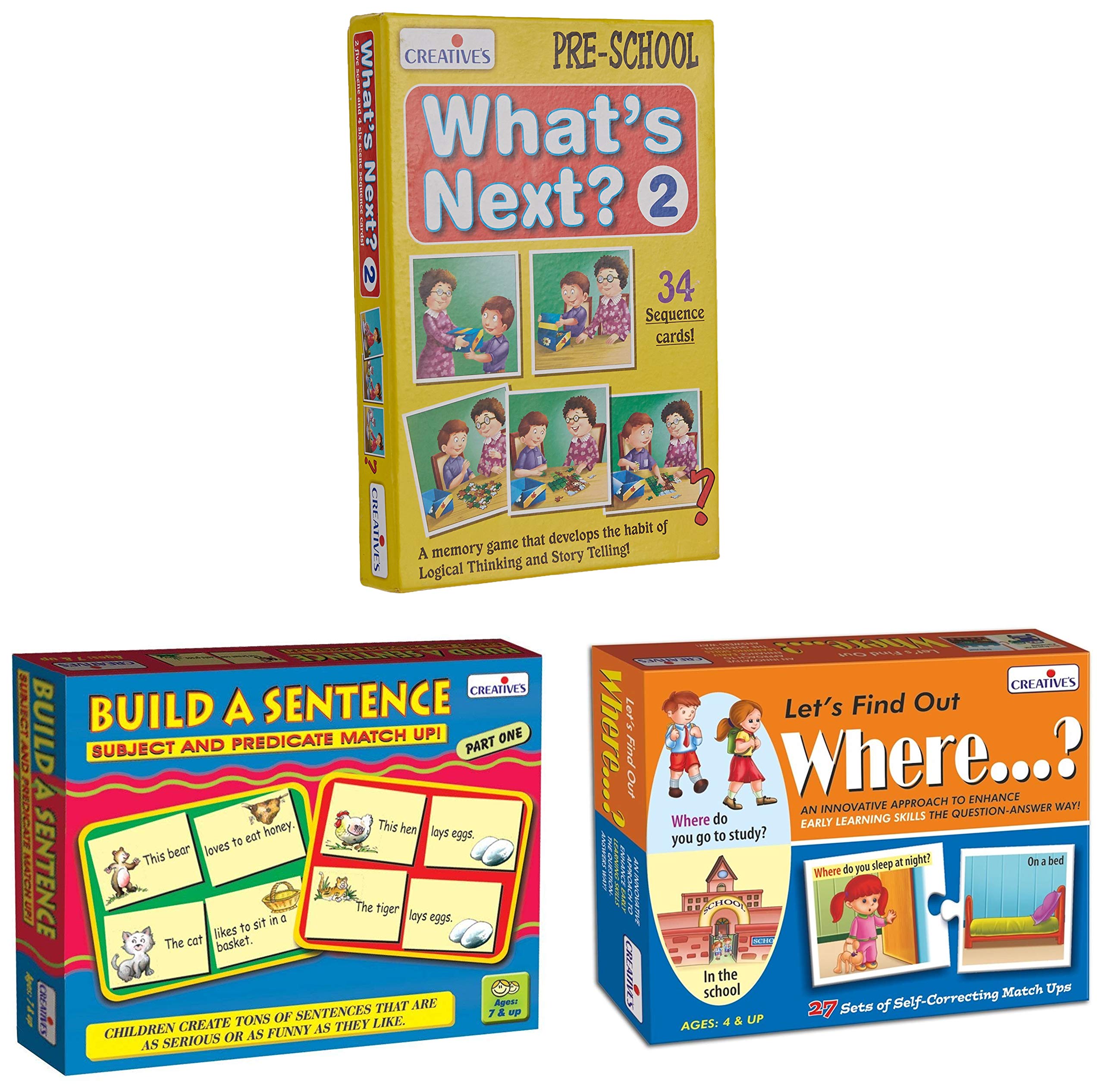 Creative Educational Aids P. Ltd. - CRE0687 Build A Sentence - 1 Card Game (Multi-Color, 60 Pieces)|CRE0996 Let's Find Out Where Puzzle (Multi-Color, 54 Pieces)|What's Next - 2 Card Game