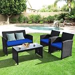 Goplus Rattan Patio Furniture Set 4 Pieces, Outdoor Wicker Conversation Sofa and Table Set with Soft Cushions & Tempered Glass Coffee Table for Balcony Garden Backyard (Blue)