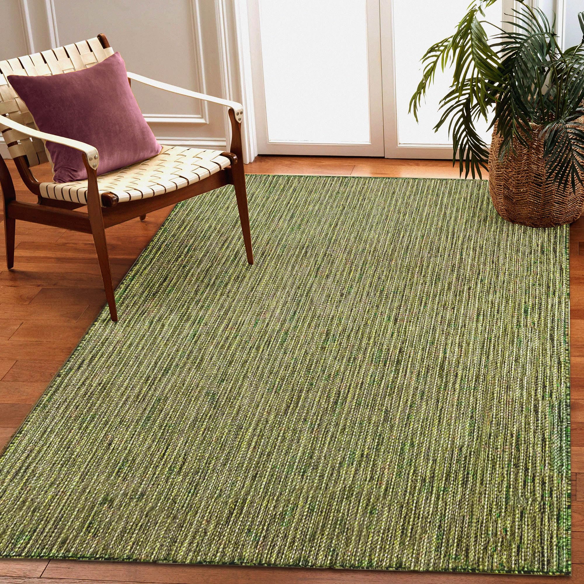 Liora ManneCarmel Low Profile Easy Care Indoor/Outdoor Woven Rug-Transitional, Stripe, Global, Texture Stripe Green 6'6" x 9'4"