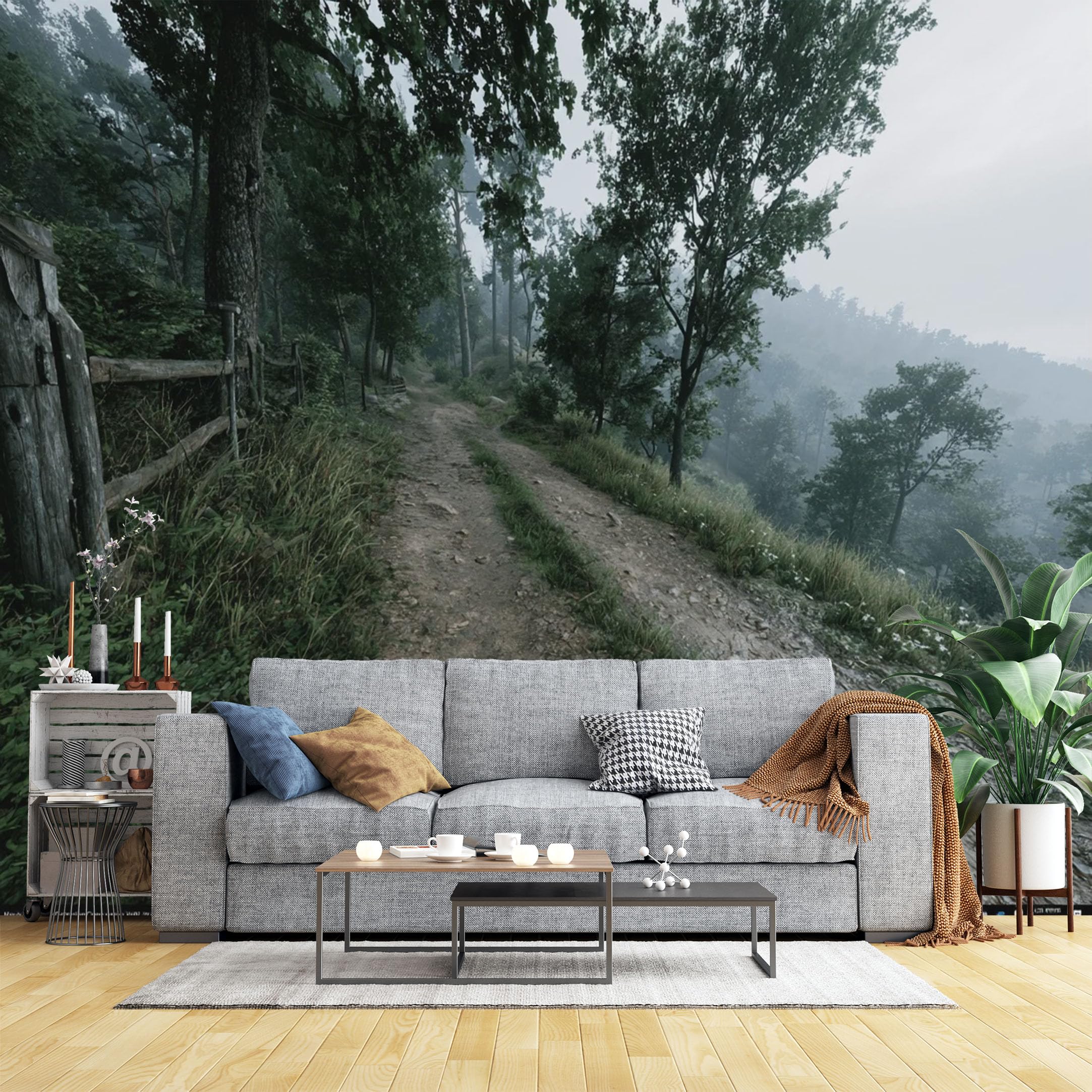 Custom Size Wall Murals Misty Forest Dirt Path Wall Murals Moody Landscape Wallpaper, Realistic Self-Adhesive Removable Wallpaper for Living Room